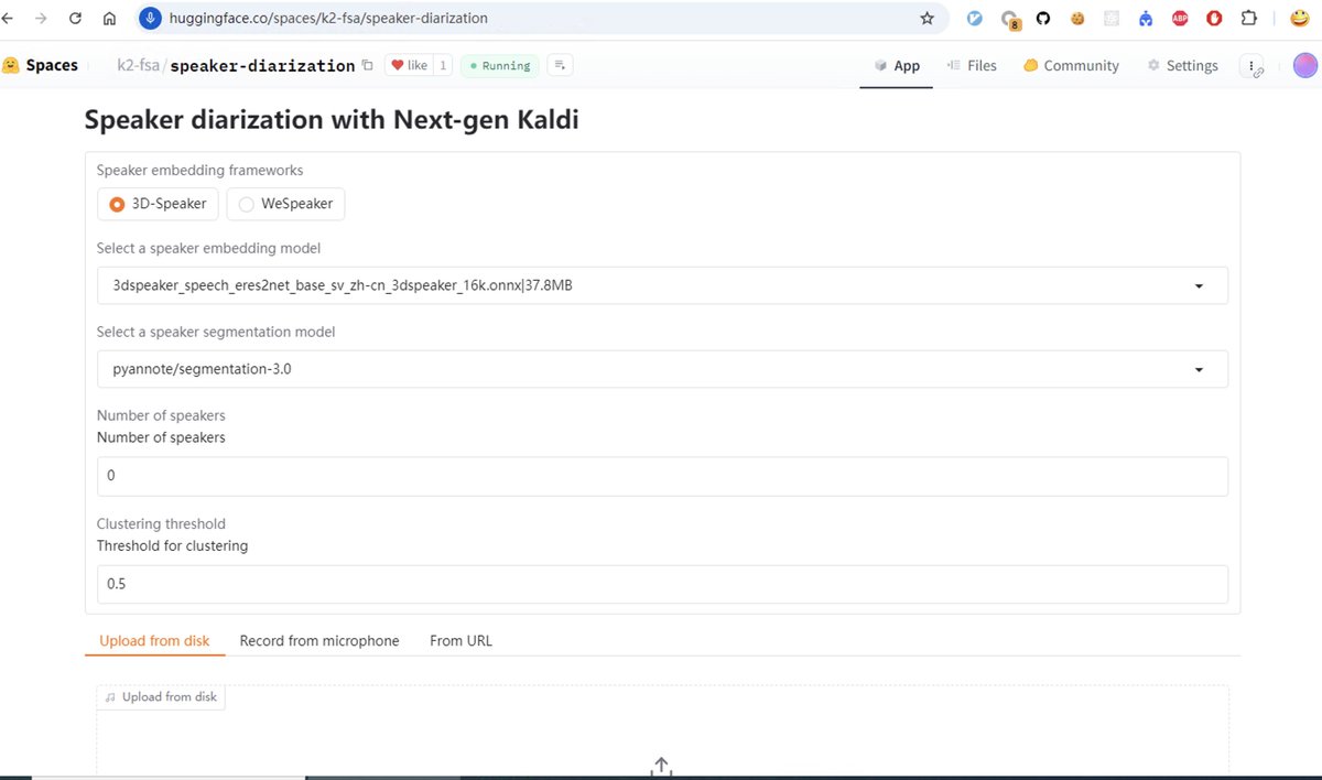 csukuangfj's tweet photo. Next-gen Kaldi: Speaker diarization on huggingface space
https://t.co/7ATrsYoOad
You can try it in your browser without installing anything. https://t.co/UpQw49kG5J