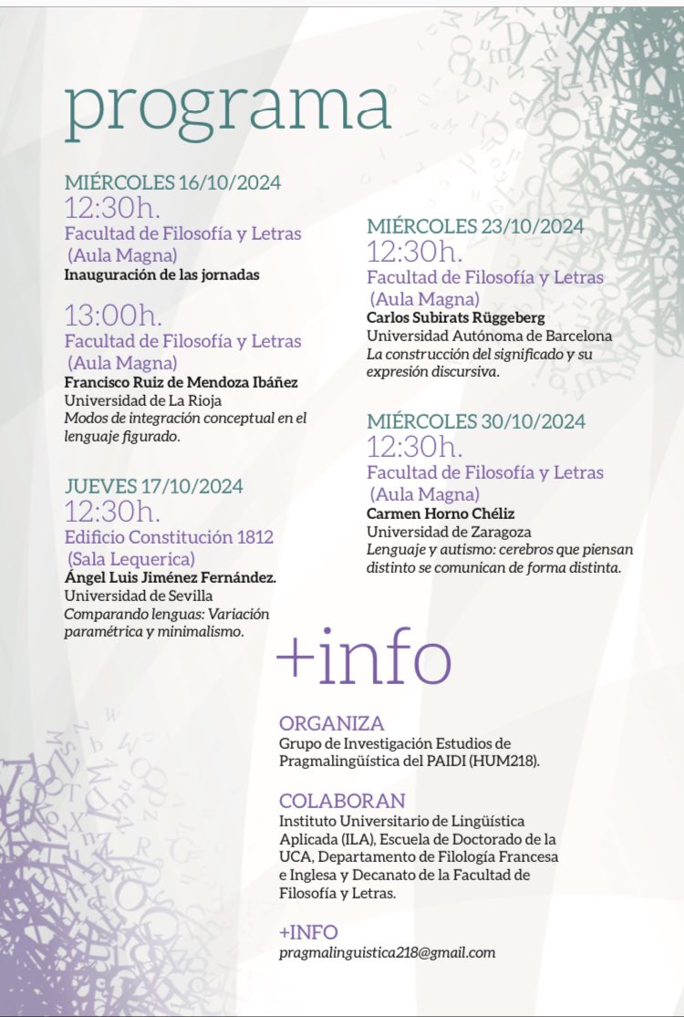 Pasado mañana se inician las VII Jornadas de Lingüística y Cognición 'La cognición y el lenguaje', organizadas por el Grupo de investigación Estudios de Pragmalingüística de la <a href="/univcadiz/">Universidad de Cádiz</a> en colaboración con otras instancias de la Universidad. <a href="/HUM218_UCA/">Estudios de Pragmalingüística</a>
hum218.uca.es/vii-jornadas-d…