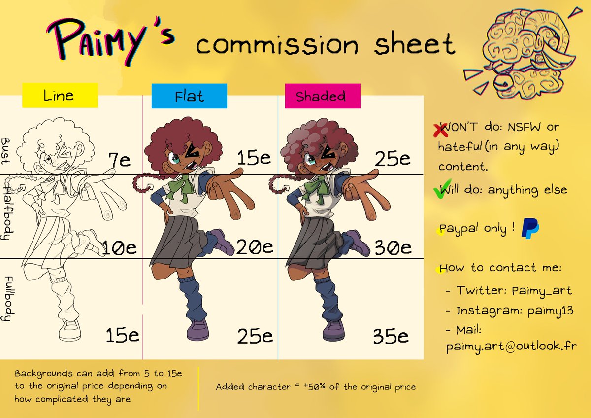 Paimy_art's tweet image. Updated comm sheet ! not much changed but i&apos;m using a visual more accurate to my current style !

please share :]