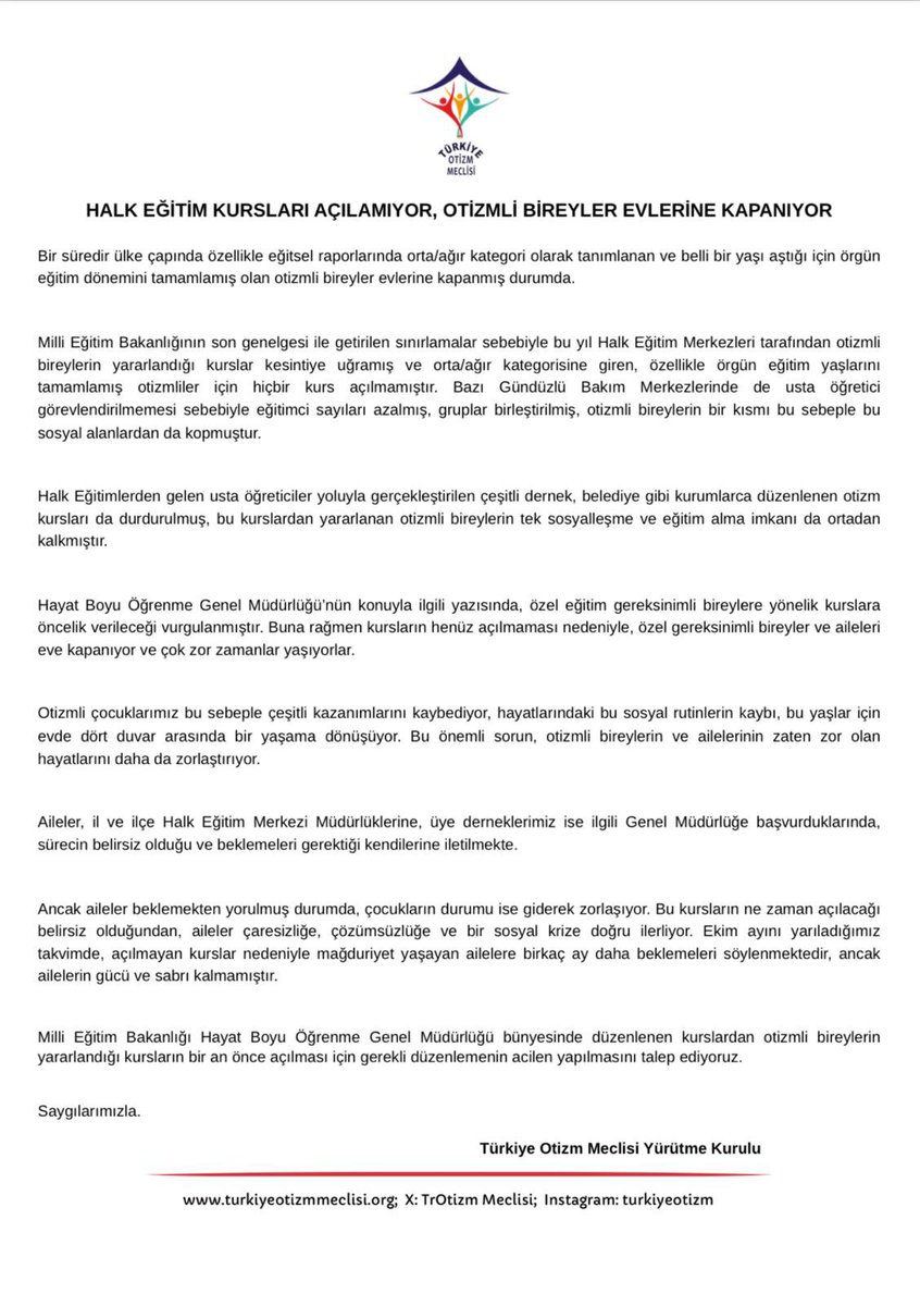 Türkiye Otizm Meclisi (@trotizmmeclisi) on Twitter photo HALK EĞİTİM KURSLARI AÇILAMIYOR, OTİZMLİ BİREYLER EVLERİNE KAPANIYOR
<a href="/tcmeb/">Millî Eğitim Bakanlığı</a> <a href="/mebhbogm/">MEB Hayat Boyu Öğrenme Genel Müdürlüğü</a> <a href="/MebOrgm/">Özel Eğitim ve Rehberlik Hiz. Genel Müdürlüğü</a> HALK EĞİTİM KURSLARI AÇILAMIYOR, OTİZMLİ BİREYLER EVLERİNE KAPANIYOR
<a href="/tcmeb/">Millî Eğitim Bakanlığı</a> <a href="/mebhbogm/">MEB Hayat Boyu Öğrenme Genel Müdürlüğü</a> <a href="/MebOrgm/">Özel Eğitim ve Rehberlik Hiz. Genel Müdürlüğü</a>