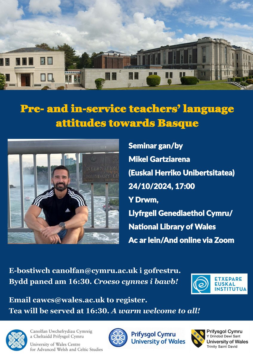 Y Ganolfan Geltaidd (@ganolfan) on Twitter photo 📢Seminar hybrid
🗓️24/10/2024 ⏰5.00pm
🗣️Mikel Gartziarena (Euskal Herriko Unibertsitatea)
‘Pre- and in-service teachers’ language attitudes towards Basque’
📍<a href="/LLGCymru/">Llyfrgell Genedlaethol Cymru</a> & Zoom
Croeso i bawb / A warm welcome to all 📢Seminar hybrid
🗓️24/10/2024 ⏰5.00pm
🗣️Mikel Gartziarena (Euskal Herriko Unibertsitatea)
‘Pre- and in-service teachers’ language attitudes towards Basque’
📍<a href="/LLGCymru/">Llyfrgell Genedlaethol Cymru</a> & Zoom
Croeso i bawb / A warm welcome to all