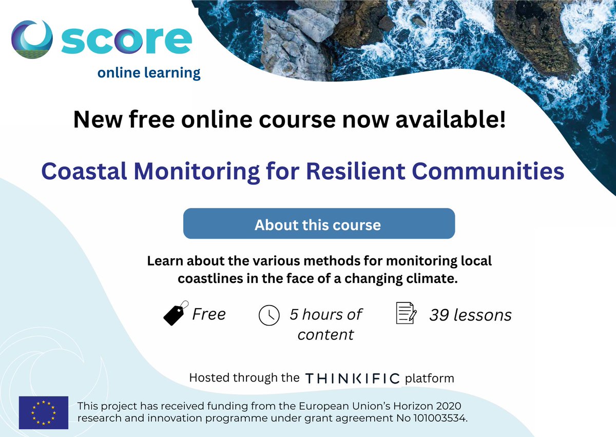 🙌 Dive into the world of #CoastalMonitoring for #ResilientCommunities with our 3rd Online Course!

An excellent tool to learn about the methods for monitoring local coastlines in the face of #ClimateChange.

👉 Enrol for free: score-eu-project.eu/2024/10/14/div…

#ClimateResilience #MOOC