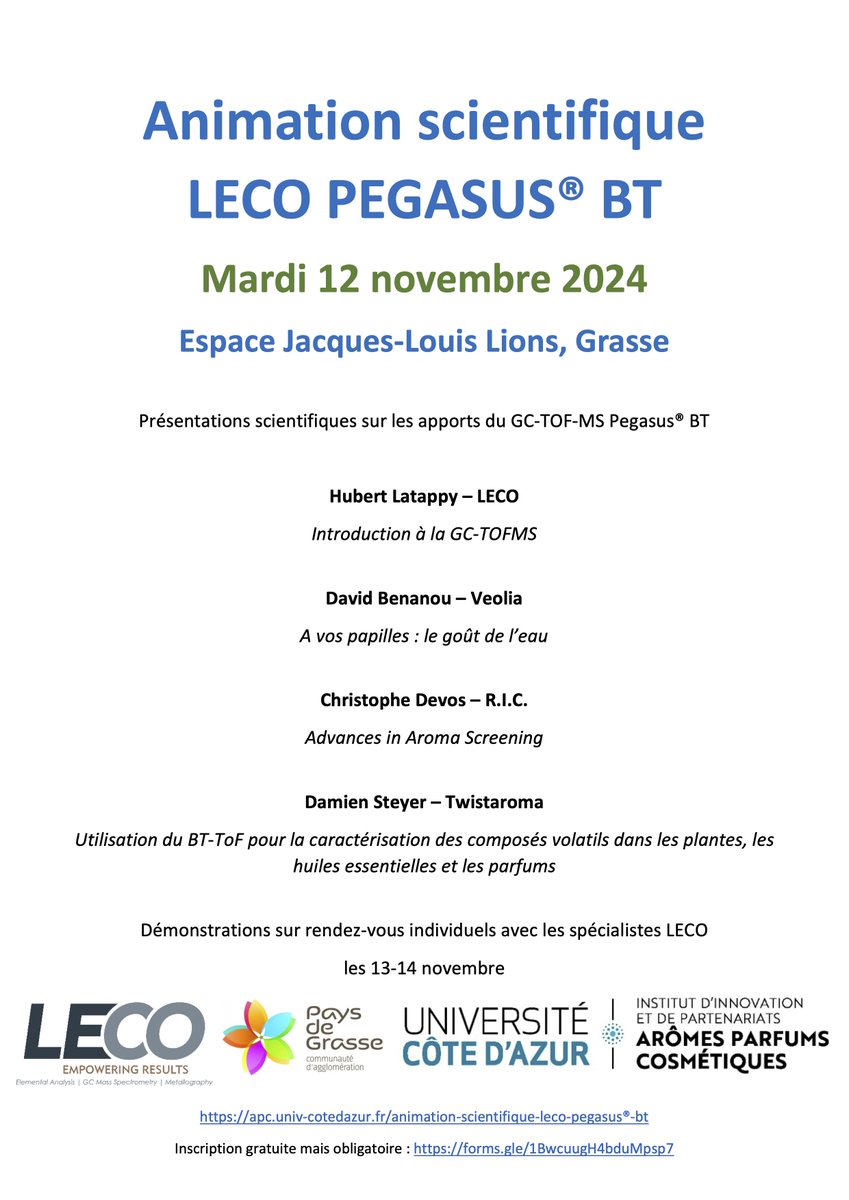 OdorSciences (@odorsciences) on Twitter photo Rendez-vous le 12/11 à Grasse pour une 1/2 de présentation des apports de la GC-TOF-MS aux sciences analytiques des arômes et parfums avec notre partenaire LECO ! Inscription gratuite mais obligatoire : forms.gle/1BwcuugH4bduMp…
apc.univ-cotedazur.fr <a href="/comagglo/">Communauté d'Agglomération du Pays de Grasse</a> <a href="/Univ_CotedAzur/">Université Côte d'Azur</a> Rendez-vous le 12/11 à Grasse pour une 1/2 de présentation des apports de la GC-TOF-MS aux sciences analytiques des arômes et parfums avec notre partenaire LECO ! Inscription gratuite mais obligatoire : forms.gle/1BwcuugH4bduMp…
apc.univ-cotedazur.fr <a href="/comagglo/">Communauté d'Agglomération du Pays de Grasse</a> <a href="/Univ_CotedAzur/">Université Côte d'Azur</a>