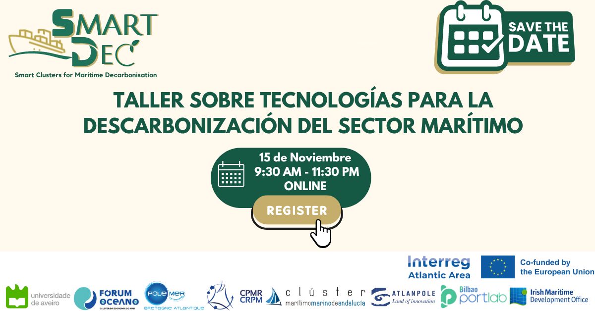 ClusterMMA's tweet photo. 🛳️ 🌊¡Únete al "Taller online sobre tecnologías para la #descarbonización del #sectormaritimo en el Atlántico" de SmartDec! Programa @AtlanticArea. Organizan CMMA y @BilbaoPort. 15 de noviembre. Inscripciones: https://t.co/JNmci5dWI6 Más información: https://t.co/gfc3oE0oN8 https://t.co/oukdHCr8hv