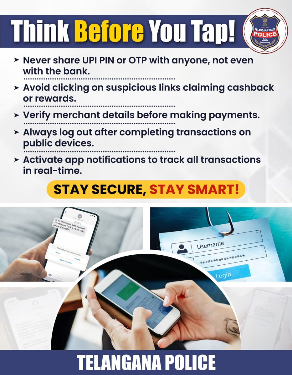 Mouzam_Ali_'s tweet image. Online transactions have made our lives easier, but they also come with risks. Protect yourself from digital fraud by following these simple precautions. Remember, your safety is in your hands!
#ThinkBeforeYouTap #StaySecureStaySmart #TelanganaPolice #DigitalSafety