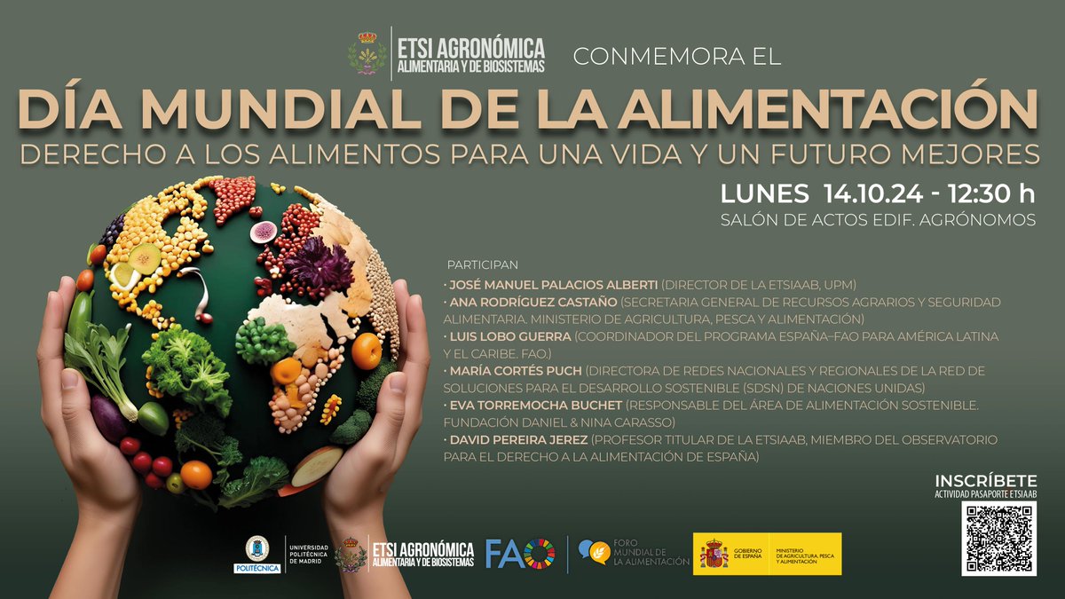 ➡ #Hoy conmemoramos el #DíaMundialdelaAlimentación con la jornada en torno al ‘Derecho a los alimentos para una vida y un futuro mejores’. ¡Te esperamos! 

*Nueva localización: Aula Magna (Ed. Agrónomos)
**Actividad #PasaporteETSIAAB 

➕etsiaab.upm.es/Centro/Gabinet…