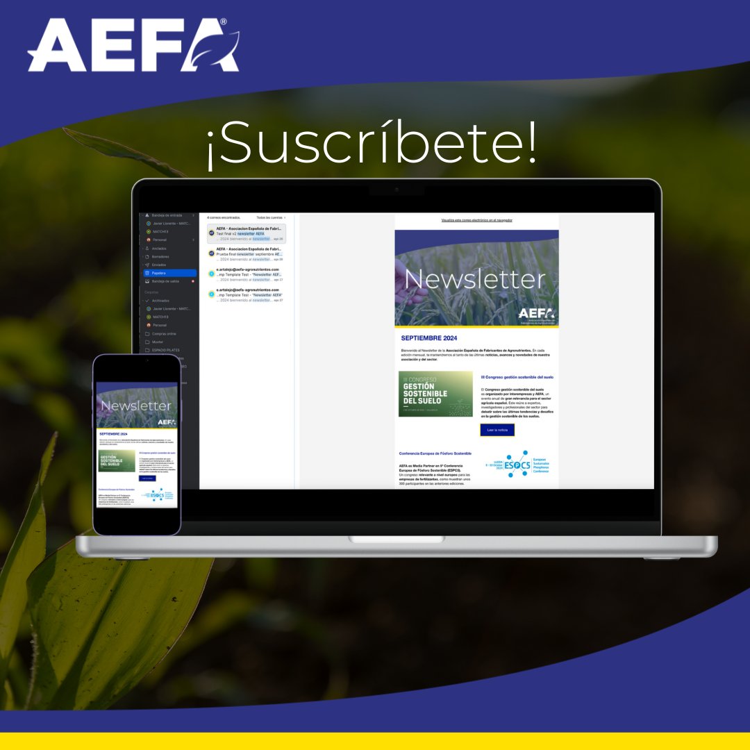 Suscríbete en la web al Newsletter de AEFA y recibe en tu correo toda la información de nuestra Asociación así como las últimas novedades del sector. Únete a nuestra comunidad y se parte de la transformación en el sector agrícola. #newsletter #AEFA #suscribete #agronutricion