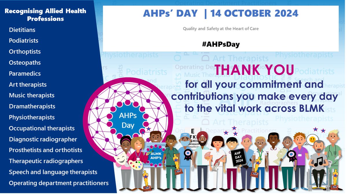 BLMK_AHPs (@ahpsblmk) on Twitter photo Happy #AHPsday
Thank you to all our amazing #AlliedHealthProfessionals working across #BLMK
<a href="/WeAHPs/">WeAHPs 💙</a> <a href="/eoeahps/">EoEAHPs</a> <a href="/BLMKHealthCare/">NHS BLMK Health and Care Partnership 💙</a> @BedsHCAcademy <a href="/bedfordhospital/">Bedford Hospital (Bedfordshire Hospitals NHS FT)</a> <a href="/LandDHospital/">Luton and Dunstable University Hospital</a> <a href="/MKHospital/">Milton Keynes University Hospital NHS FT</a> <a href="/NHS_ELFT/">East London NHS Foundation Trust (ELFT)</a> <a href="/MkCnwl/">CNWL MK Community Health Services</a> <a href="/ccs_nhst/">CCS NHST</a> <a href="/mkcouncil/">Milton Keynes City Council</a> <a href="/letstalkcentral/">Central Bedfordshire Council</a> <a href="/lutoncouncil/">Luton Council</a> <a href="/HCRGCareGroup/">HCRG Care Group</a> Happy #AHPsday
Thank you to all our amazing #AlliedHealthProfessionals working across #BLMK
<a href="/WeAHPs/">WeAHPs 💙</a> <a href="/eoeahps/">EoEAHPs</a> <a href="/BLMKHealthCare/">NHS BLMK Health and Care Partnership 💙</a> @BedsHCAcademy <a href="/bedfordhospital/">Bedford Hospital (Bedfordshire Hospitals NHS FT)</a> <a href="/LandDHospital/">Luton and Dunstable University Hospital</a> <a href="/MKHospital/">Milton Keynes University Hospital NHS FT</a> <a href="/NHS_ELFT/">East London NHS Foundation Trust (ELFT)</a> <a href="/MkCnwl/">CNWL MK Community Health Services</a> <a href="/ccs_nhst/">CCS NHST</a> <a href="/mkcouncil/">Milton Keynes City Council</a> <a href="/letstalkcentral/">Central Bedfordshire Council</a> <a href="/lutoncouncil/">Luton Council</a> <a href="/HCRGCareGroup/">HCRG Care Group</a>