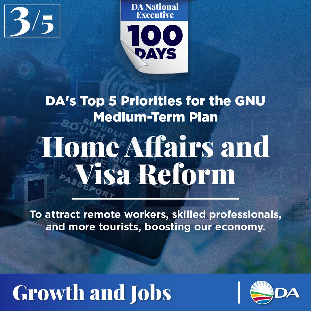 🪪 The DA within the GNU is driving for Home Affairs digitisation &amp; Visa Reform to attract skilled professionals, remote workers, and tourists, boosting our economy and creating jobs.

Learn more: youtube.com/live/6e97e-DM6…

#100DaysOfGNU #DAatWork