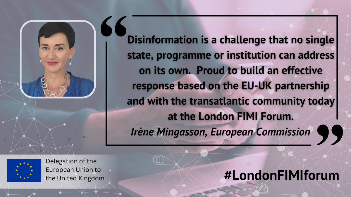 EU Delegation UK (@eudelegationuk) on Twitter photo "Disinformation is a challenge that no single state, programme or institution can address on its own.
Proud to build an effective response based on the EU-UK partnership and with the transatlantic community today at the #LondonFIMIforum" remarks from Irène Mingasson <a href="/EU_FPI/">EU Service for Foreign Policy Instruments 🌐</a>. "Disinformation is a challenge that no single state, programme or institution can address on its own.
Proud to build an effective response based on the EU-UK partnership and with the transatlantic community today at the #LondonFIMIforum" remarks from Irène Mingasson <a href="/EU_FPI/">EU Service for Foreign Policy Instruments 🌐</a>.