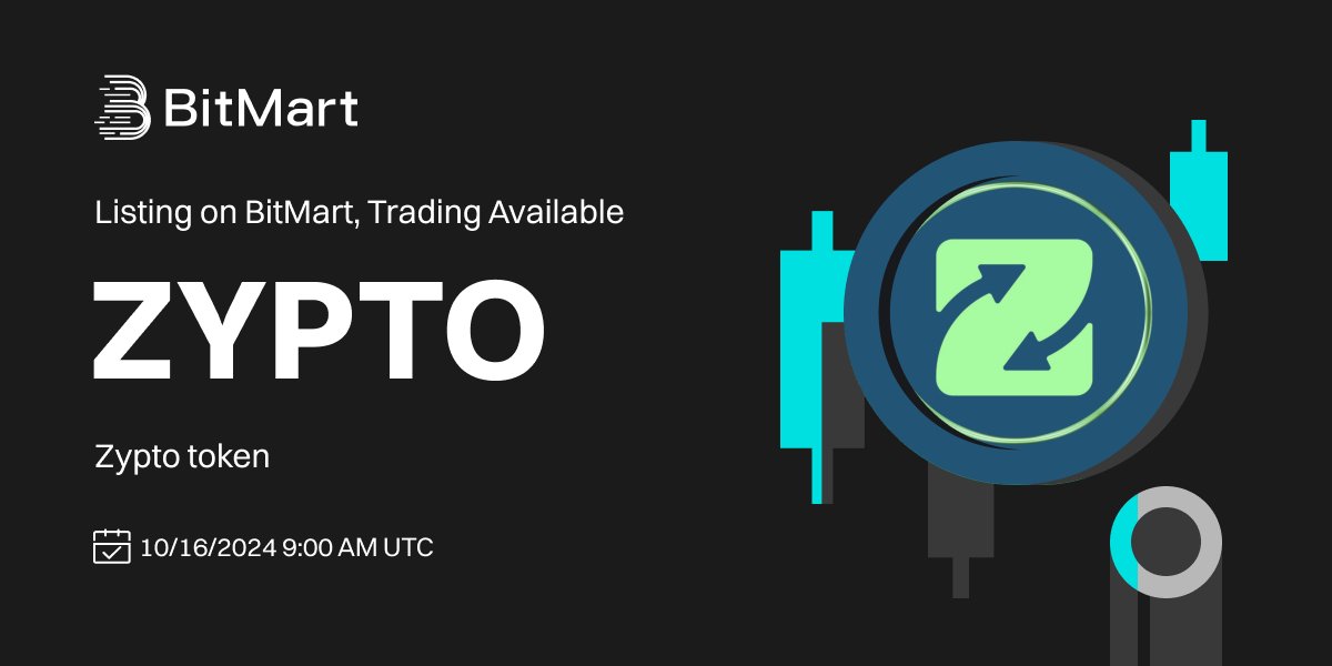 #BitMart will list Zypto token (ZYPTO) <a href="/Zypto_Token/">$ZYPTO ETH 🔗 Zypto.foundation</a> on our digital assets platform on October 16, 2024 🤩

💰Trading pair: ZYPTO/USDT
💎Deposit: 10/14/2024 9:00 AM UTC
💎Trading: 10/16/2024 9:00 AM UTC

Learn more: support.bitmart.com/hc/en-us/artic…