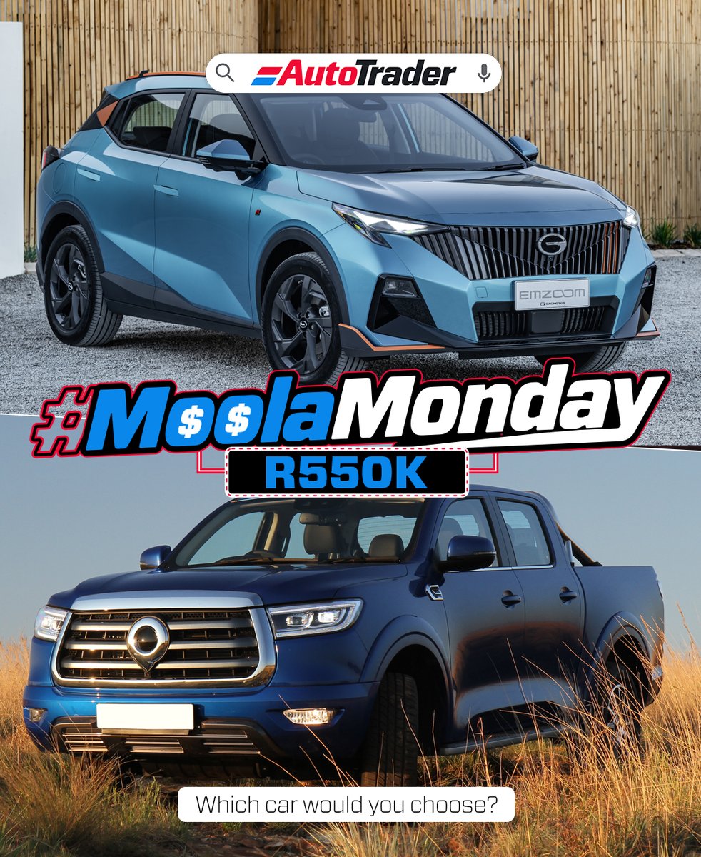 AutoTraderSA's tweet photo. There are quite a few options available to car buyers for around the R550k price, but we want to know what type of vehicle best suits your needs. The #GAC GS3 Emzoom #SUV or rather the #GWM P-Series bakkie?
#MoolaMonday #GACEmzoom #GACGS3Emzoom #GWMPSeries #PSeries #bakkie https://t.co/wOXyk0BR0b