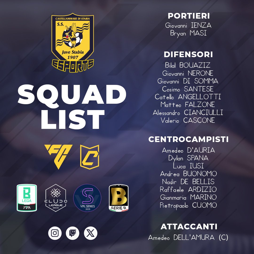 S.S. Juve Stabia eSports (@ssjuvestabiaesp) on Twitter photo ๐S.S.Juve Stabia E-Sports๐
Siamo lieti di presentare la squadra ufficiale di pro clubs E-Sports 2024/25.
Guidata dal capitano @amedeo_1617 e i vice @_amedeodauria12_ <a href="/pietropcuomo/">Pietro Paolo Cuomo</a>
Un gruppo pronto a conquistare il campo con passione e determinazione.#forzajuvestabiaesports๐๐ ๐S.S.Juve Stabia E-Sports๐
Siamo lieti di presentare la squadra ufficiale di pro clubs E-Sports 2024/25.
Guidata dal capitano @amedeo_1617 e i vice @_amedeodauria12_ <a href="/pietropcuomo/">Pietro Paolo Cuomo</a>
Un gruppo pronto a conquistare il campo con passione e determinazione.#forzajuvestabiaesports๐๐