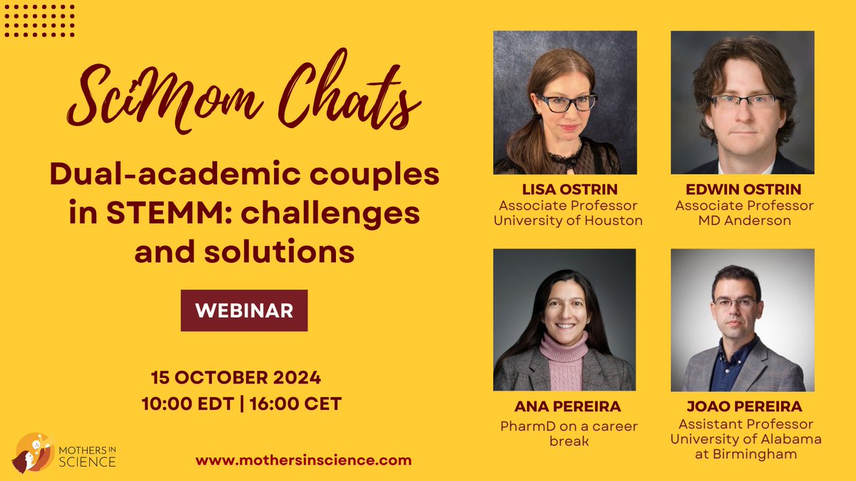 📣 Calling all dual-academic couples in #STEMM! Join us for our next #SciMomChat on Oct 15 to discuss the unique challenges of balancing two academic careers and family life. Learn from those who’ve been there!  FREE!!🆓 Register now 👇 mothersinscience.com/scimomchats
#AcademicTwitter