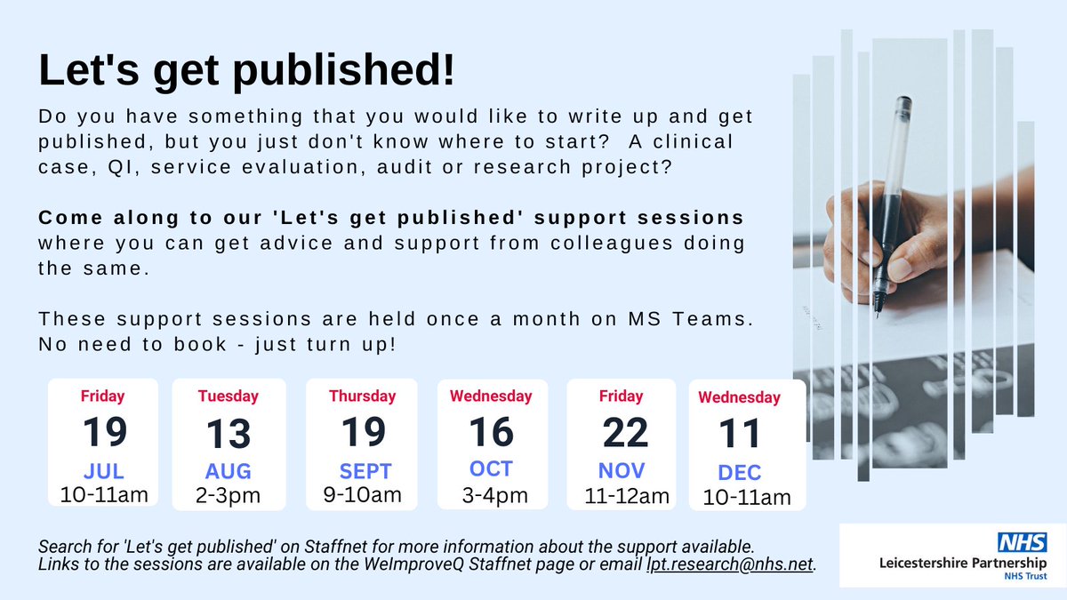 Sarah Baillon (@sarahbaillon) on Twitter photo Come along to our informal group for advice and support on getting a piece of work published in a professional/ academic journal, or preparing an abstract for a conference. It's a great way to share the great work you have done and help others learn from your experience.<a href="/LPTnhs/">Leicestershire Partnership NHS Trust</a> Come along to our informal group for advice and support on getting a piece of work published in a professional/ academic journal, or preparing an abstract for a conference. It's a great way to share the great work you have done and help others learn from your experience.<a href="/LPTnhs/">Leicestershire Partnership NHS Trust</a>