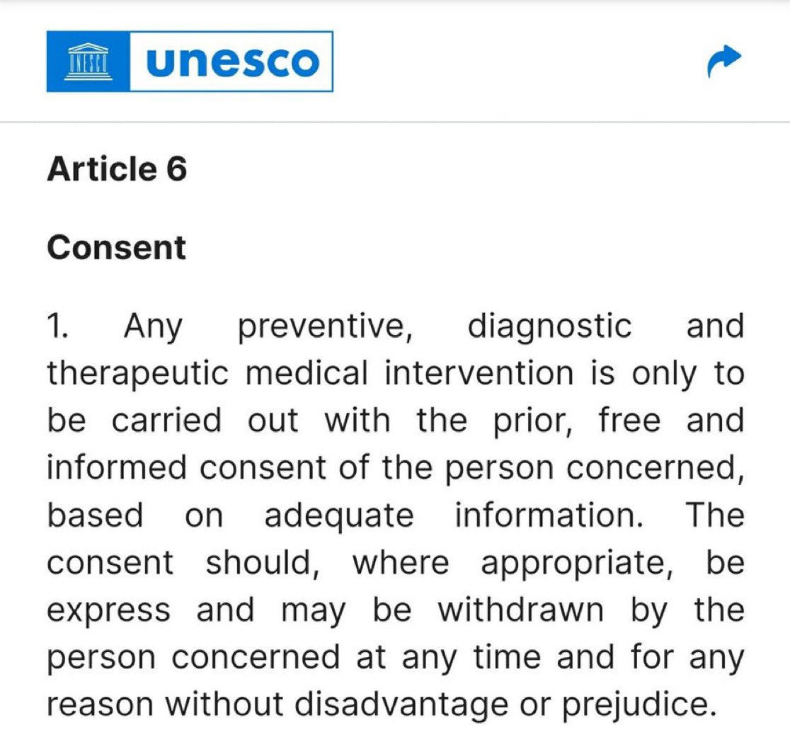 tatiann69922625's tweet photo. Rappel : UNE VACCINATION OBLIGATOIRE viole l’article 6 de la « Déclaration universelle sur la bioéthique et les droits de l’homme » de l’UNESCO !!! 

https://t.co/kbh0t2hQbK https://t.co/bl63dL6Syf