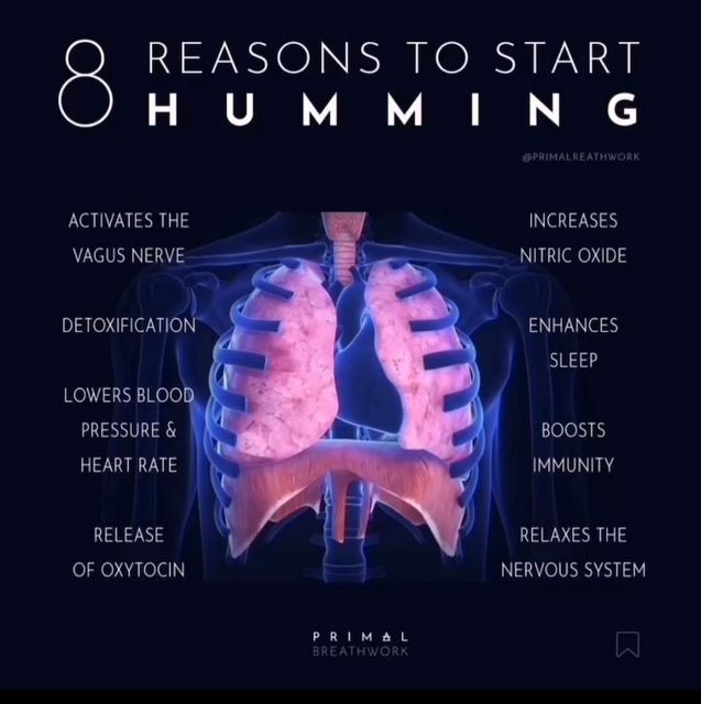 HUM to disconnect...
It's said that you can't have THOUGHTS while HUMMING because when you hum, you are creating a GAP between your thoughts and your nervous system.
Said to also STIMULATE the 'vagus nerve' and ACTIVATE the 'parasympathetic nervous system'... RELIEVING stress.