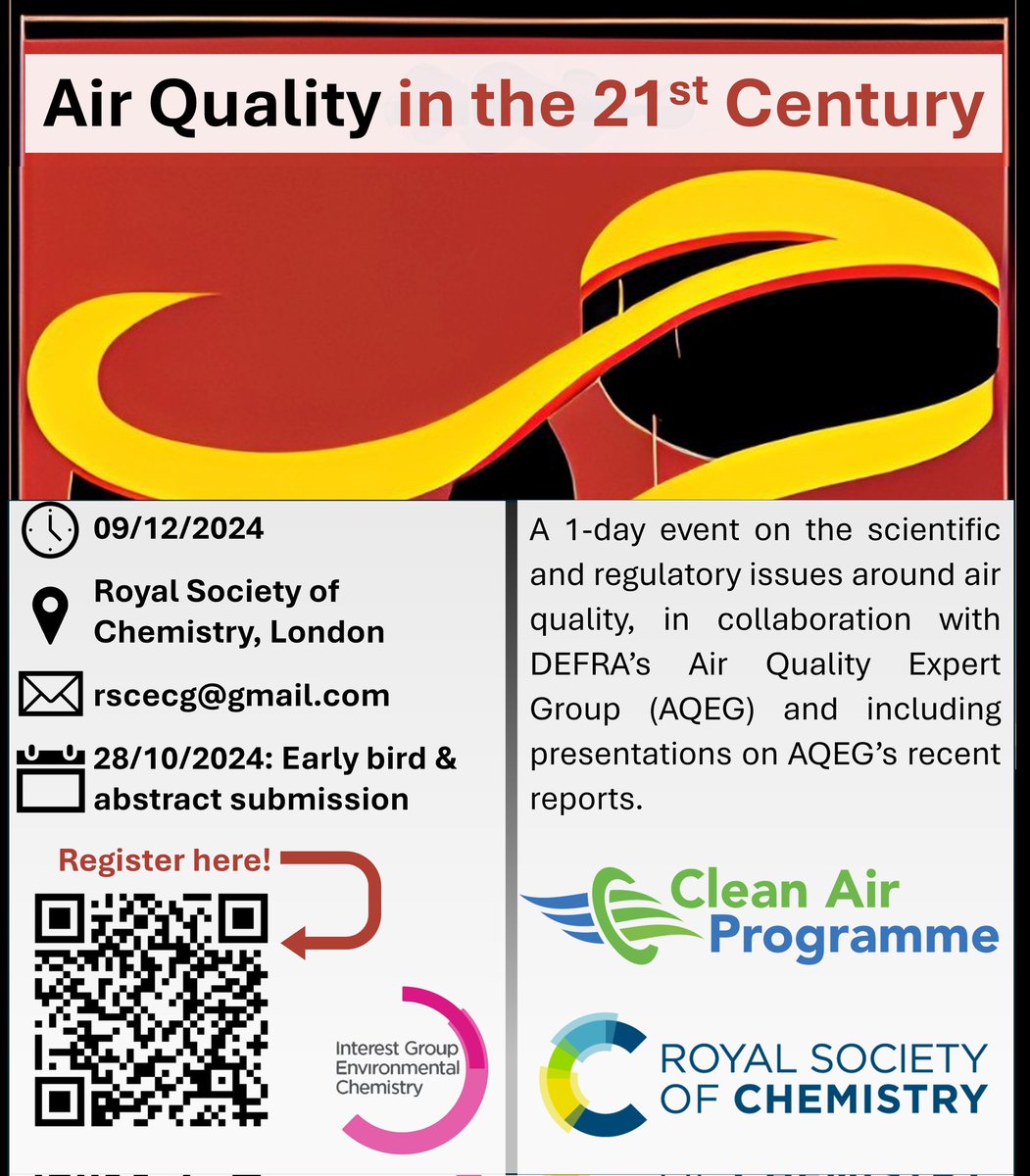 UK_CleanAir's tweet photo. A chance to present your #airpollution research at this December's @RoySocChem conference. 

Come along and hear from members of AQEG and COMEAP on their work. 

Call for abstracts and registration is open now.

See you there.

https://t.co/pWCcVWcVak https://t.co/uLwdcfW2s3