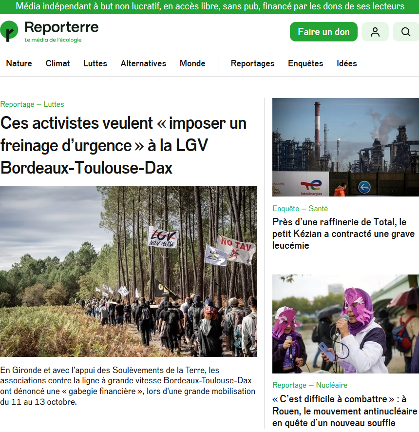 À lire aujourd'hui sur Reporterre.net : 

🚄 Ces activistes veulent « imposer un freinage d’urgence » à la LGV Bordeaux-Toulouse-Dax <a href="/ArianePuccini/">Ariane Puccini</a>

🏭 Près d’une raffinerie de Total, le petit Kézian a contracté une grave leucémie <a href="/Splannenquetes/">Splann ! Lanceur d'enquêtes</a> 

☢️ « C’est difficile à