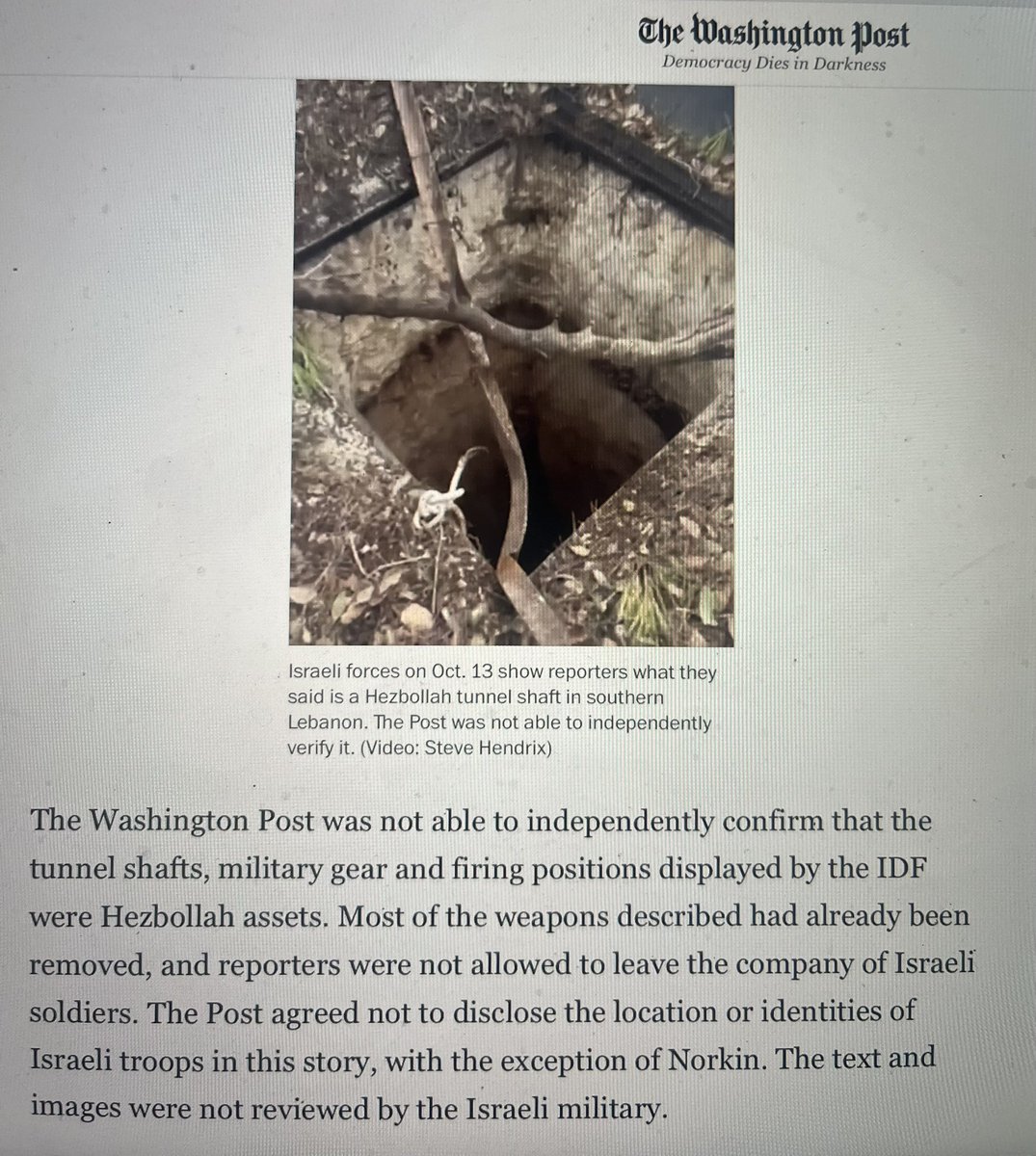 Idf organizza tour stampa lungo il confine (presidiato dai caschi blu #Unifil ) per mostrare i tunnel, le armi e gli equipaggiamenti di Hezb. Il <a href="/washingtonpost/">The Washington Post</a> non è in grado di confermare la notizia. Chapeau