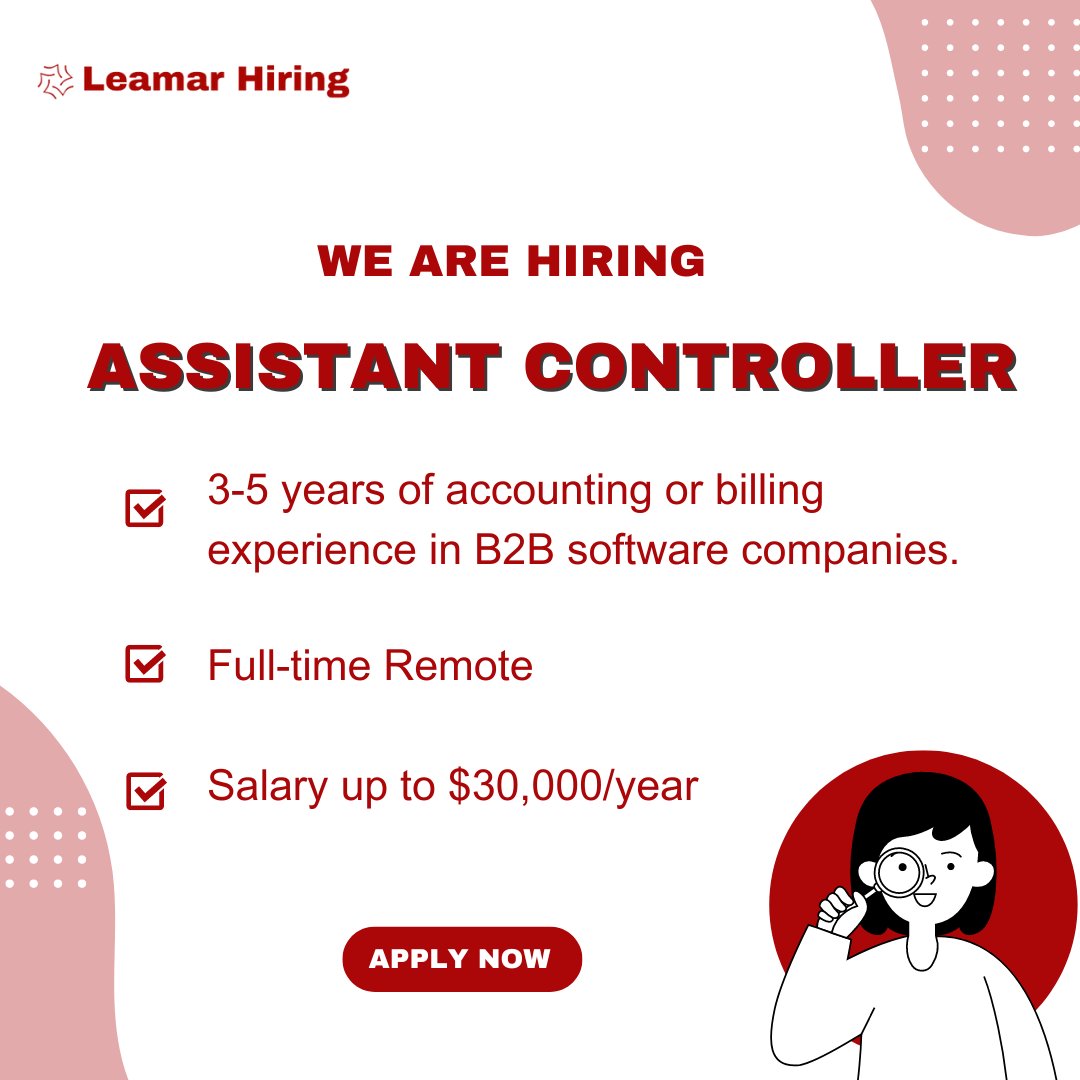 LeamarHiring's tweet photo. Hiring: Assistant Controller!
Join us to manage billing and payment operations in a fast-paced environment. If you're an experienced accounting professional ready to make an impact, apply today!
#Remotejob #LeamarHiring #AssistantController https://t.co/b2NG4vLvrH