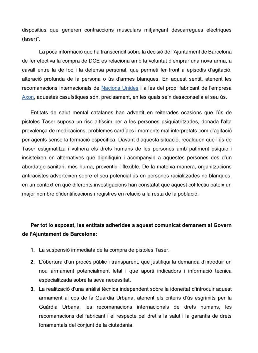 Lafedecat's tweet photo. 📢18 organitzacions exigim la suspensió immediata de la compra de #Taser per part de @bcn_ajuntament
⚠️Són armes potencialment letals. La seva regulació a Cat no compleix estàndards internacionals i es volen introduïr sense indicadors que n'avalin la necessitat d'ús
#StopTaser https://t.co/StG5lZUyoQ