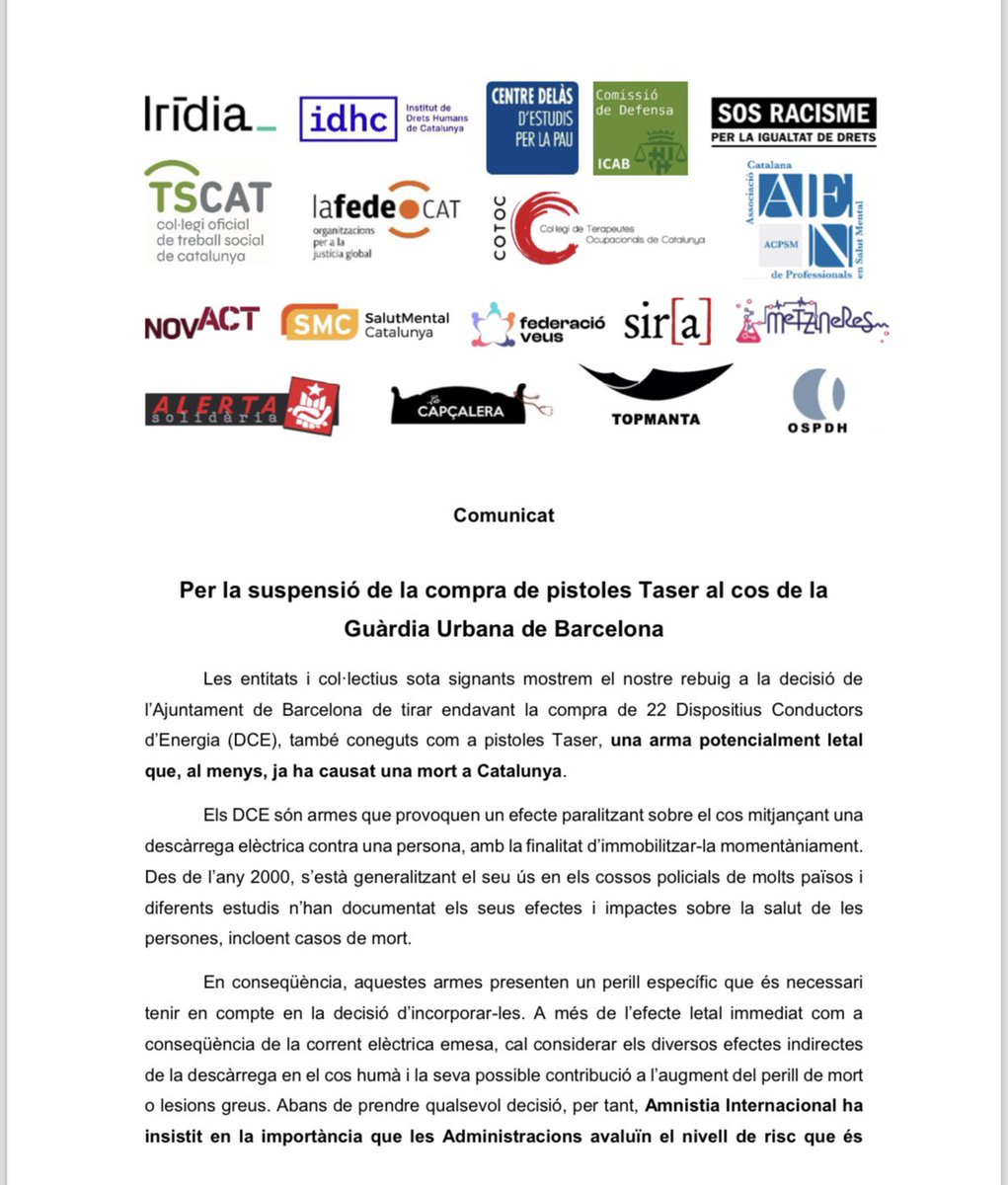 Lafedecat's tweet photo. 📢18 organitzacions exigim la suspensió immediata de la compra de #Taser per part de @bcn_ajuntament
⚠️Són armes potencialment letals. La seva regulació a Cat no compleix estàndards internacionals i es volen introduïr sense indicadors que n'avalin la necessitat d'ús
#StopTaser https://t.co/StG5lZUyoQ