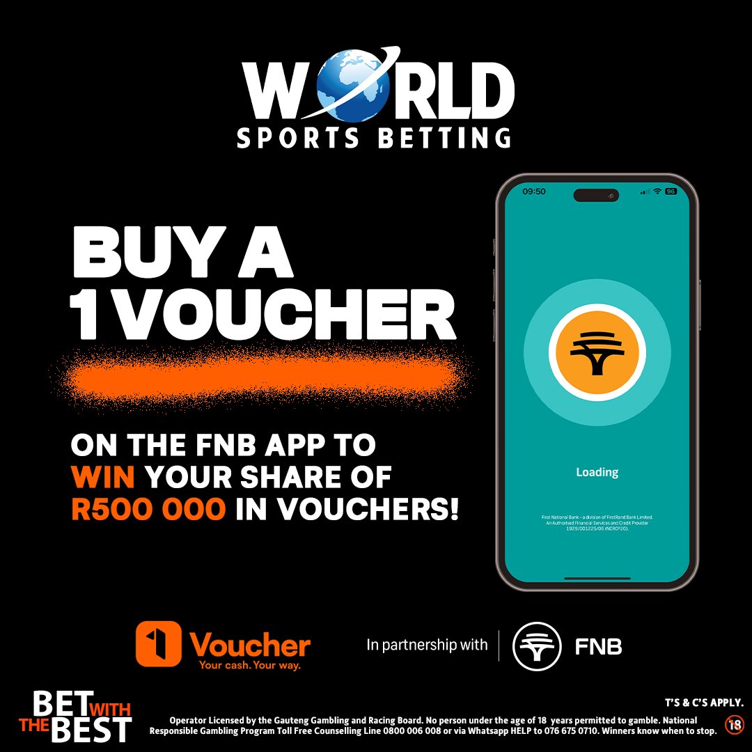 WorldSportsBet's tweet photo. Buy a 1Voucher on the FNB App, redeem at World Sports Betting, and enter to win your share of R500,000!
Pay and play with ease! #1Voucher #FreedomToPay #WinWithWSB https://t.co/WViwFi6Qd6