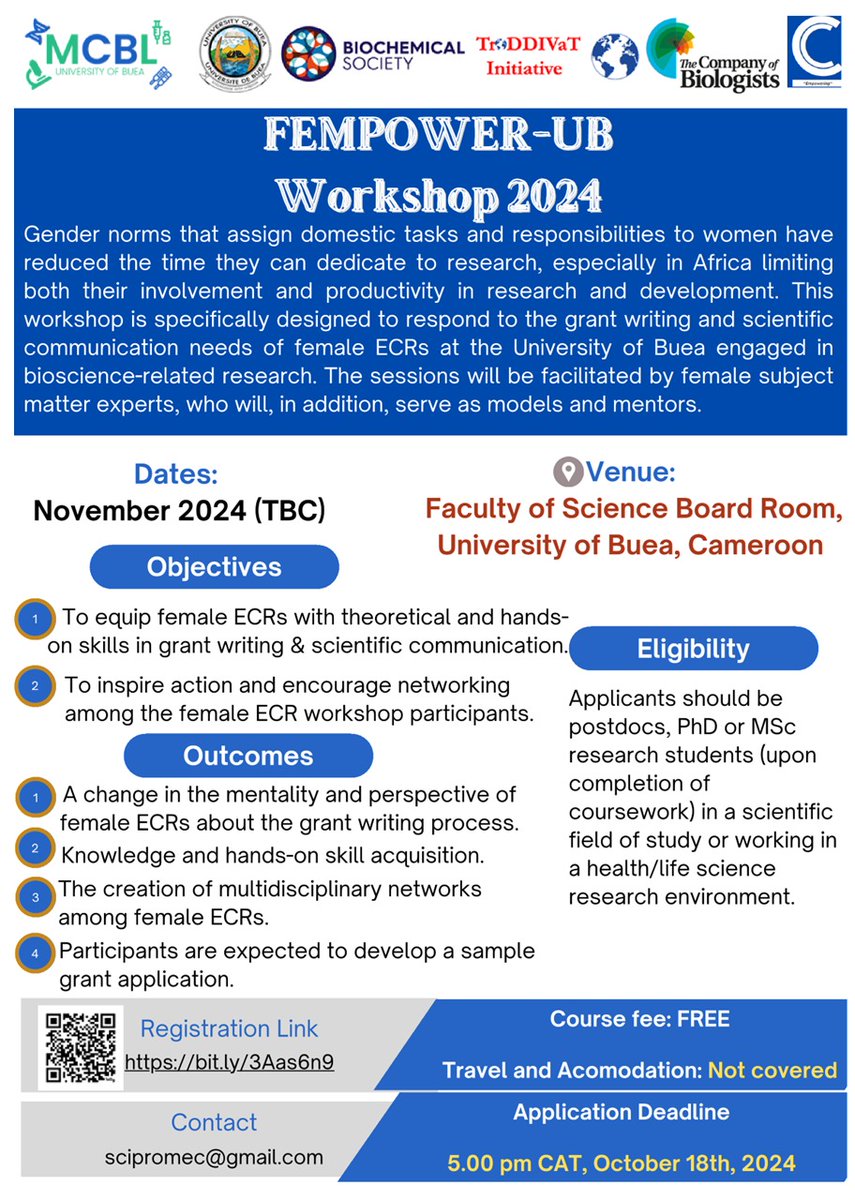 Takop_Nchanji's tweet photo. FEMPOWER-UB Workshop 2024

°Scope: #Grant writing &amp; Scientific #communication for
°Female early career researchers (#ECR): Postdocs, PhD &amp; MSc #researchers in science fields or working in the health/life science  research environment.
°Apply by: 18/10
@mcbl_ub @UBuea @RobertAdamu https://t.co/RqzFBLKfJE