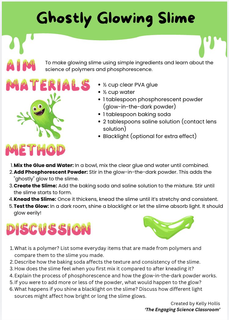 hollis_k_'s tweet image. Bring Halloween into your Science classroom with 'Ghostly Glowing Slime'! Download your copy of the worksheet from my LinkedIn post! 

#science #scitlap #aussieED 

linkedin.com/posts/kellyhol…