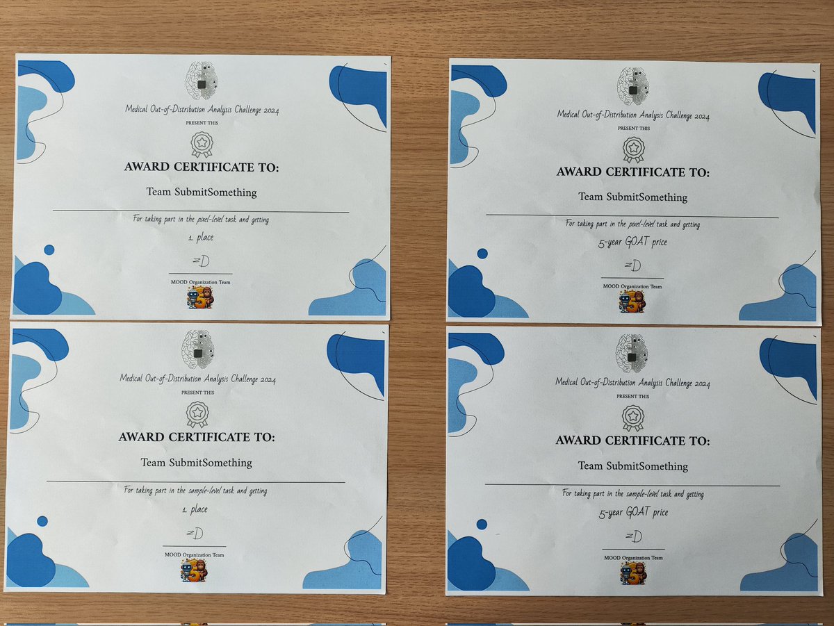 🚨 Big News! 🎉
We’re proud to share that our Team "SubmitSomething" has won the MICCAI Medical Out-of-Distribution (MOOD) Analysis Challenge for the second year in a row! On top of that, we’ve been honored with the 5-Year GOAT price! 🦸‍♀️🥳 <a href="/MICCAI_Society/">MICCAI</a>