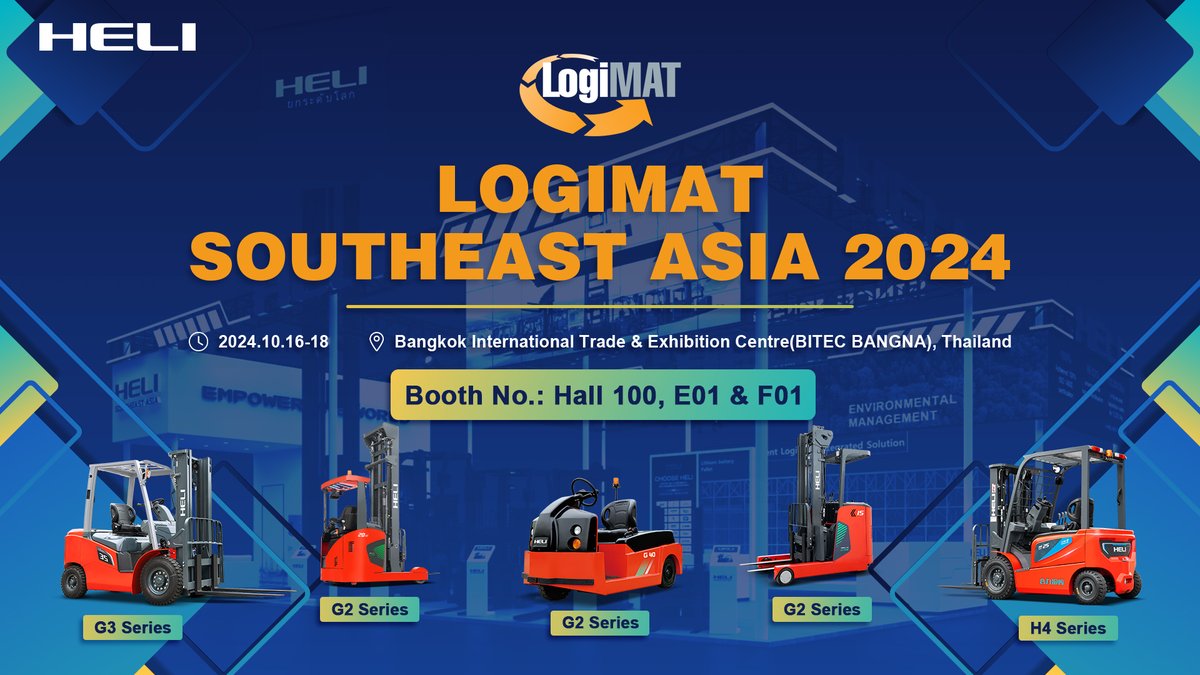heliforklifts's tweet image. HELI is all set for LogiMAT Southeast Asia 2024!🌏
From October 16-18th, visit us at Booth No.: Hall 100, E01 &amp;amp; F01 at the Bangkok International Trade &amp;amp; Exhibition Centre (BITEC BANGNA), Thailand.
#LogiMAT2024 #EmpowerTheWorld #HELIProduct