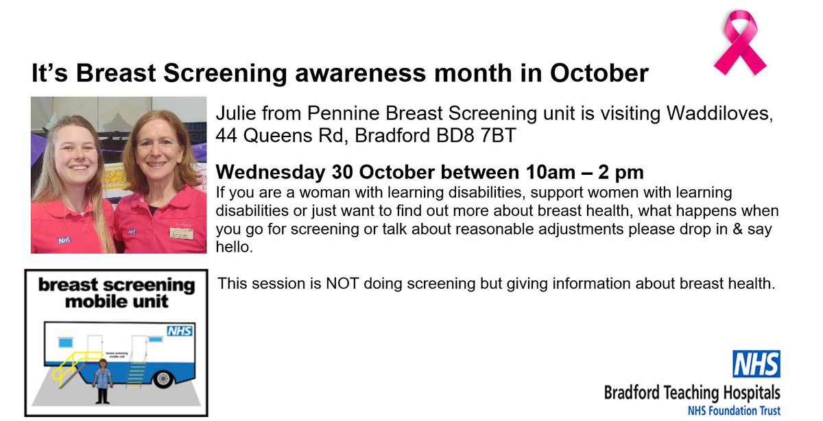 Breast Cancer Awareness Month is an international health campaign that's held every October. The month aims to promote screening and prevention of the disease, which affects 2.3 million women worldwide.
Please see attached poster for information regarding breast health.
<a href="/BDCFT/">BDCFT NHS</a>