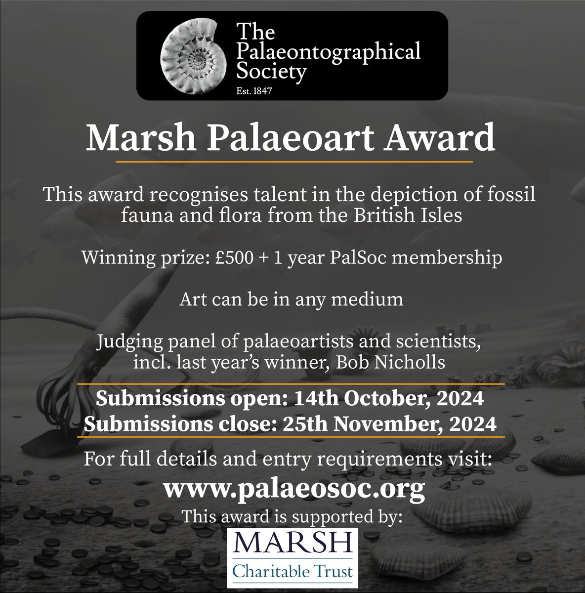 Palaeontographical Society (@palaeonto_soc) on Twitter photo π’Submission are now OPEN for the Marsh #Palaeoart Award! It recognises talent in depicting the extinct fossil faunas of the British Isles. This year's guest judge is the amazing <a href="/BobNichollsArt/">Bob Nicholls Art</a>. Closing date 25th November. Full details: palaeosoc.org/grants-prizes/β¦ #paleoart π’Submission are now OPEN for the Marsh #Palaeoart Award! It recognises talent in depicting the extinct fossil faunas of the British Isles. This year's guest judge is the amazing <a href="/BobNichollsArt/">Bob Nicholls Art</a>. Closing date 25th November. Full details: palaeosoc.org/grants-prizes/β¦ #paleoart