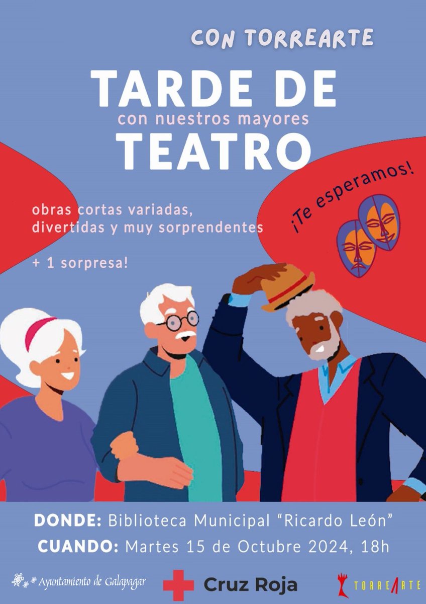 🎭 Mañana 15 de octubre a las 18 "Tardes de teatro con nuestros mayores" 

📜Varias micro-obras de entre 5 y 20 minutos, especialmente seleccionadas.Comedias, amor, suspense… ¡Todo puede ocurrir!

😂 Pasa una maravillosa tarde de teatro y disfruta riendo y sorprendiéndote.