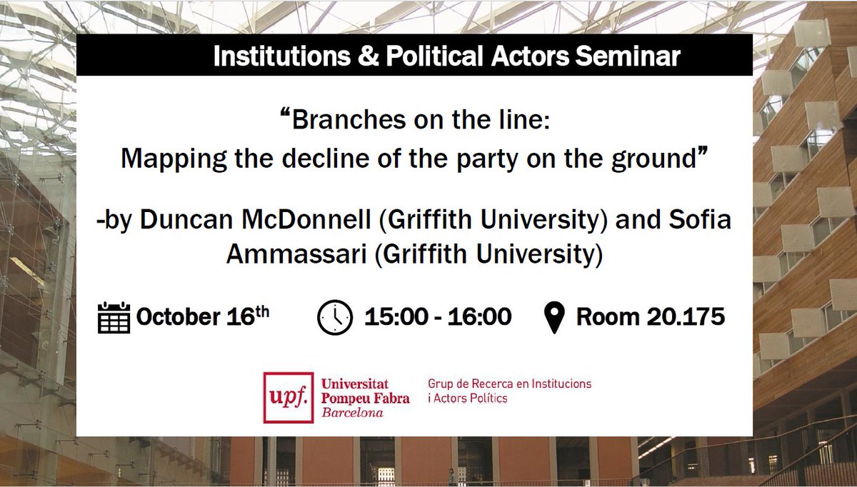 Institutions and Political Actors - UPF (@ipa_upf) on Twitter photo 📢Seminar Announcement📢
A couple of very special guest speakers for us this Wednesday (16/10), as we will be joined all the way from Australia by <a href="/AmmassariSofia/">Sofia Ammassari</a> and <a href="/duncanmcdonnell/">Duncan McDonnell</a>, presenting their latest paper about the decline in party presence at the local level 📢Seminar Announcement📢
A couple of very special guest speakers for us this Wednesday (16/10), as we will be joined all the way from Australia by <a href="/AmmassariSofia/">Sofia Ammassari</a> and <a href="/duncanmcdonnell/">Duncan McDonnell</a>, presenting their latest paper about the decline in party presence at the local level