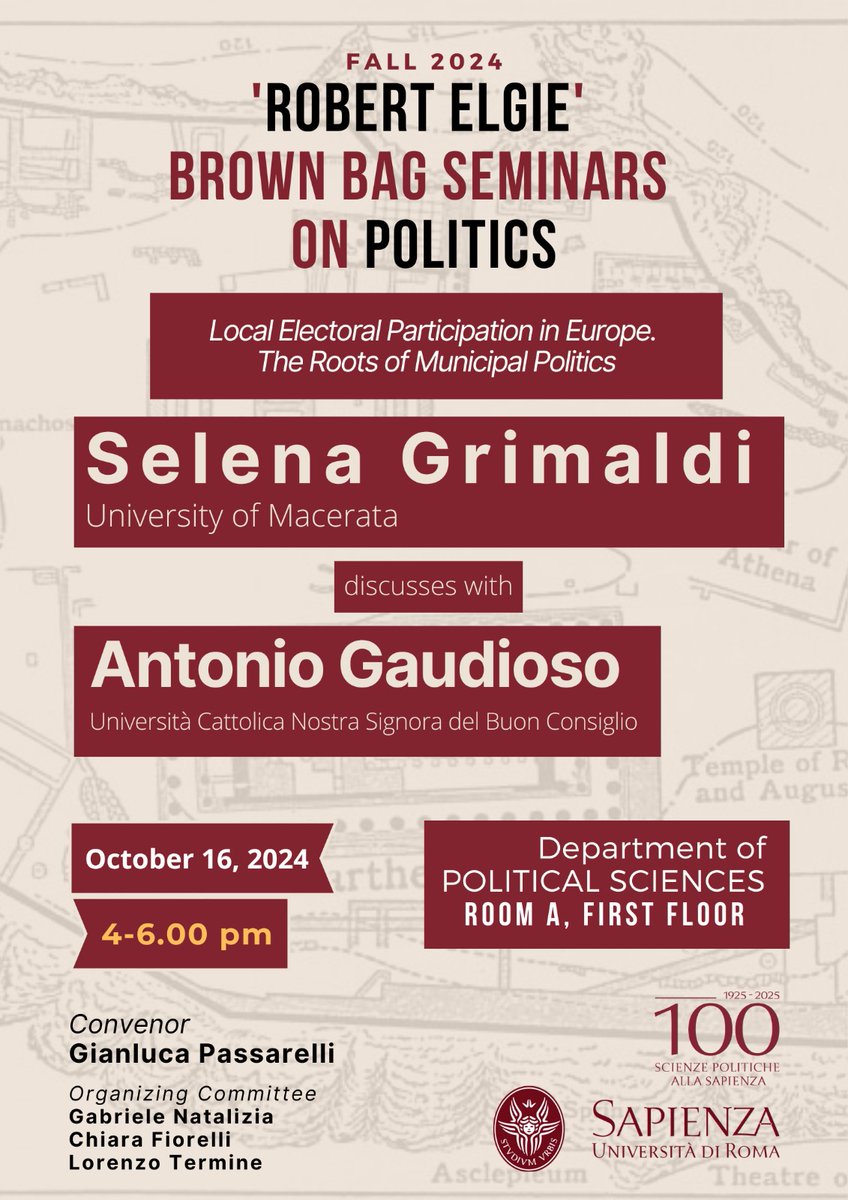 🚨🚨 Double event this week for the BBS!

💥 Join us on Wednesday, October 16th, at 4 PM with <a href="/SeleGrimaldi/">Selena Grimaldi</a> (University of Macerata) presenting her book Local Electoral Participation in Europe: The Roots of Municipal Politics. Antonio Gaudioso (UNIZKM) will lead the discussion.