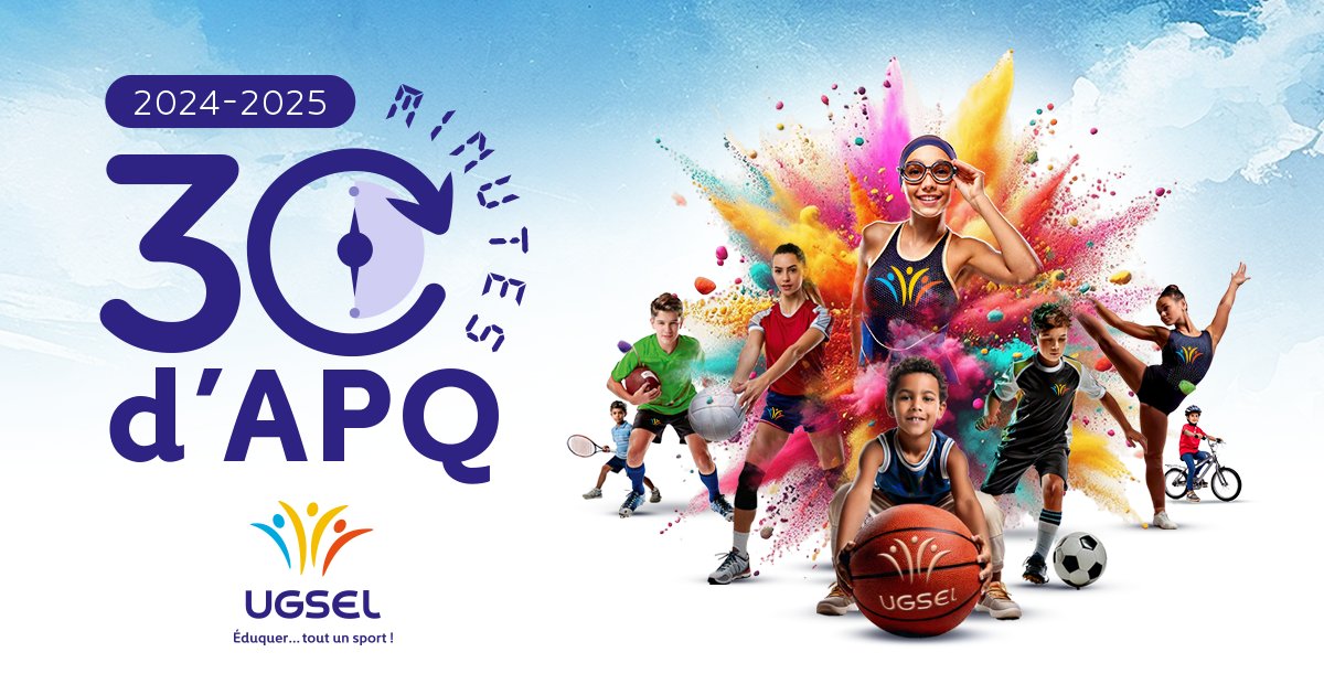📢 L'UGSEL se mobilise !💪
Aujourd'hui, plus que jamais, il est essentiel de promouvoir l'activité physique au quotidien. Rejoignez-nous dans cette belle initiative : 30 d'APQ ! 
👉Ensemble, faisons bouger nos élèves! #TEAMUGSEL #sportgouv