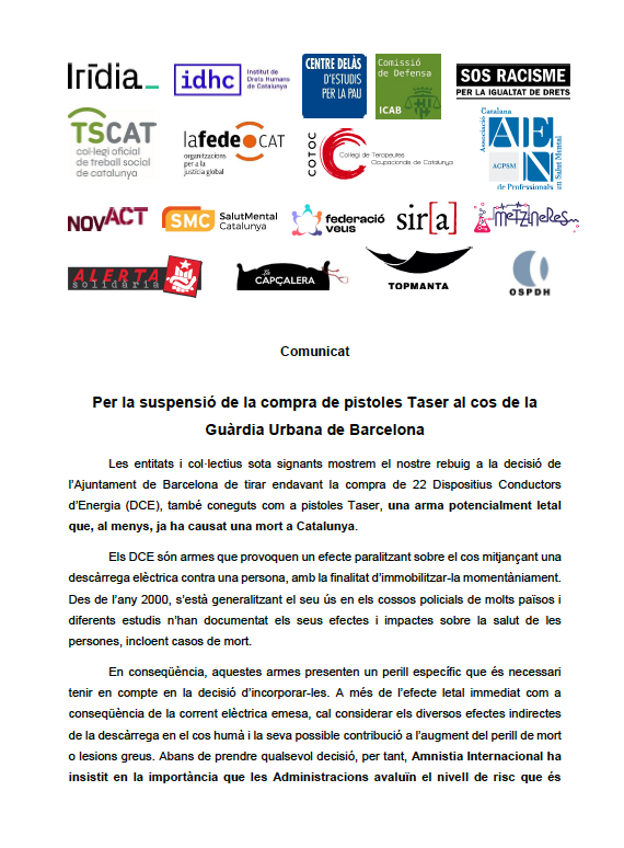 novact__'s tweet photo. ❗️Exigim la suspensió immediata de compra de Taser per @bcn_ajuntament
18 organitzacions denunciem
Són armes potencialment letals sense regulació a Catalunya per estàndards int
Introduir-les a @GUBBarcelona mostra discrecionalitat d'ajuntaments per ús de nou armament #StopTaser https://t.co/m2ltIP3LB7