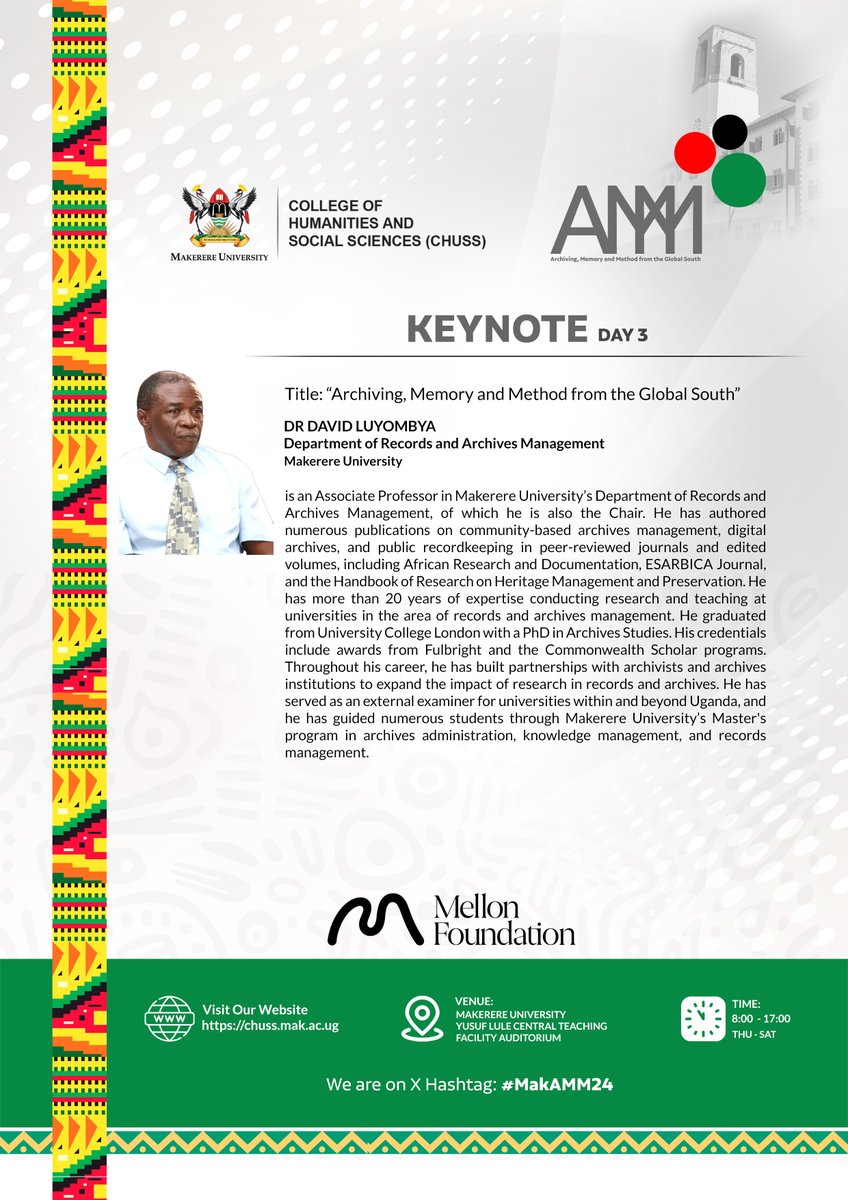 Makerere University CHUSS (@makererechuss) on Twitter photo Meet the Keynote Speakers at the 2024 Archiving, Memory and Method from the Global South International Conference starting this Thursday 17-19 October 2024 <a href="/Makerere/">Makerere University</a> Yusuf Lule Central Teaching Facility. Time: 8:00am | Be part by registering via bit.ly/amm24reg #AMM24 Meet the Keynote Speakers at the 2024 Archiving, Memory and Method from the Global South International Conference starting this Thursday 17-19 October 2024 <a href="/Makerere/">Makerere University</a> Yusuf Lule Central Teaching Facility. Time: 8:00am | Be part by registering via bit.ly/amm24reg #AMM24