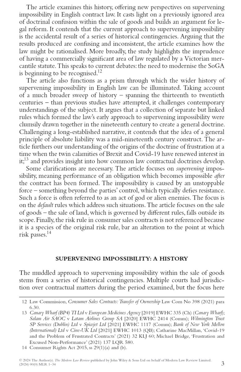 Chathuni Jayathilaka (@chathunij) on Twitter photo Something new from me in <a href="/ModernLRev/">Modern Law Review</a> (early view), exploring the history of supervening impossibility in English contract law, and how the particular way in which this branch of law developed created an area of doctrinal confusion within the sale of goods. onlinelibrary.wiley.com/doi/10.1111/14… Something new from me in <a href="/ModernLRev/">Modern Law Review</a> (early view), exploring the history of supervening impossibility in English contract law, and how the particular way in which this branch of law developed created an area of doctrinal confusion within the sale of goods. onlinelibrary.wiley.com/doi/10.1111/14…