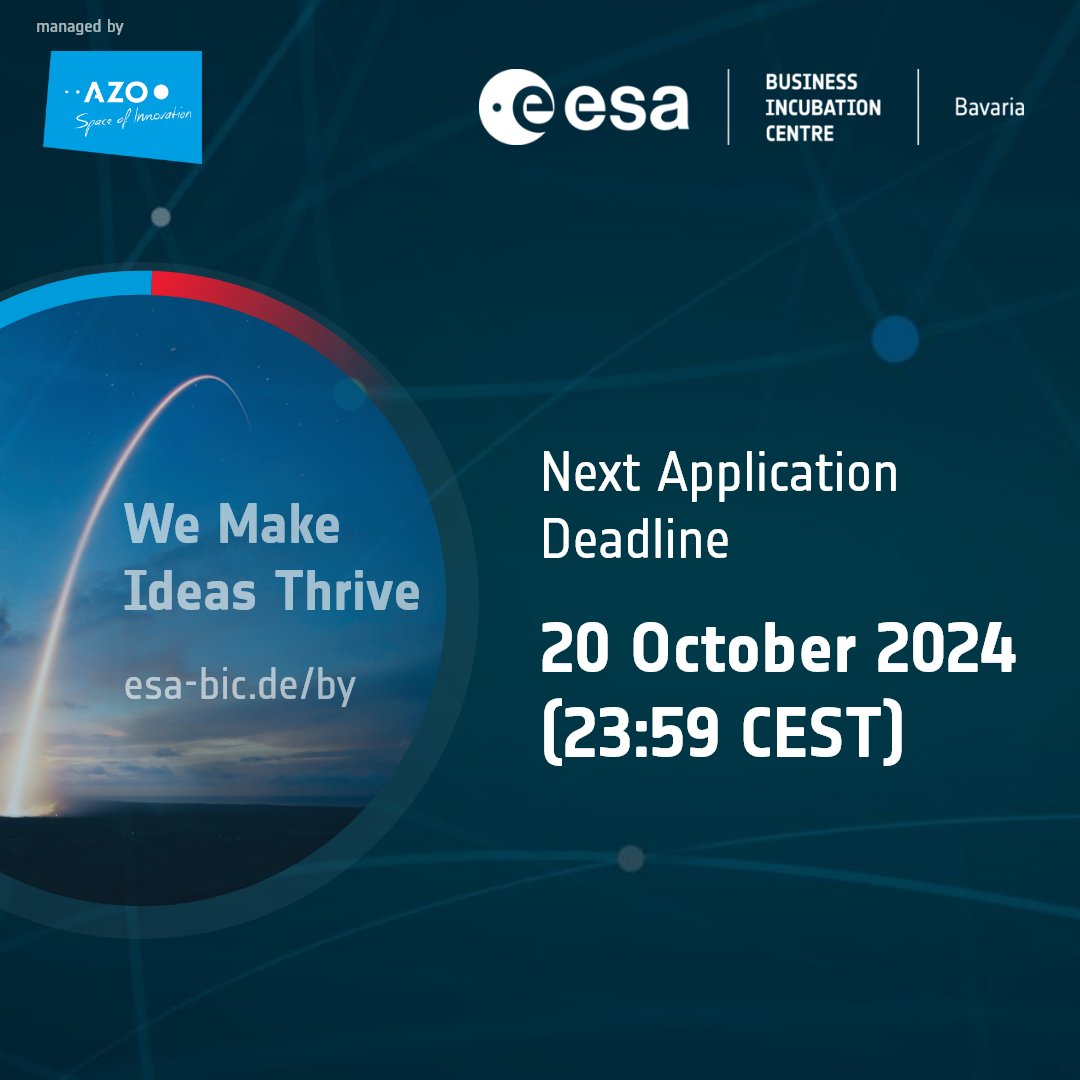 ESA BIC Bavaria (@esabicbavaria) on Twitter photo 🌟Don't miss the last application deadline for 2024🌟
⏰ Apply until 𝟮𝟬 𝗢𝗰𝘁𝗼𝗯𝗲𝗿 𝟮𝟬𝟮𝟰 - 𝟮𝟯:𝟱𝟵 𝗖𝗘𝗦𝗧
🚀Turn your business case into a game changer!
👉esa-bic.de
<a href="/ESA_CommGateway/">ESA Commercialisation Gateway</a> <a href="/esabic_ng/">ESA BIC Northern Germany</a> <a href="/AZO_space/">AZO space.i</a> <a href="/BayStMWi/">Bayerisches Wirtschaftsministerium</a> #esabicnrw 🌟Don't miss the last application deadline for 2024🌟
⏰ Apply until 𝟮𝟬 𝗢𝗰𝘁𝗼𝗯𝗲𝗿 𝟮𝟬𝟮𝟰 - 𝟮𝟯:𝟱𝟵 𝗖𝗘𝗦𝗧
🚀Turn your business case into a game changer!
👉esa-bic.de
<a href="/ESA_CommGateway/">ESA Commercialisation Gateway</a> <a href="/esabic_ng/">ESA BIC Northern Germany</a> <a href="/AZO_space/">AZO space.i</a> <a href="/BayStMWi/">Bayerisches Wirtschaftsministerium</a> #esabicnrw