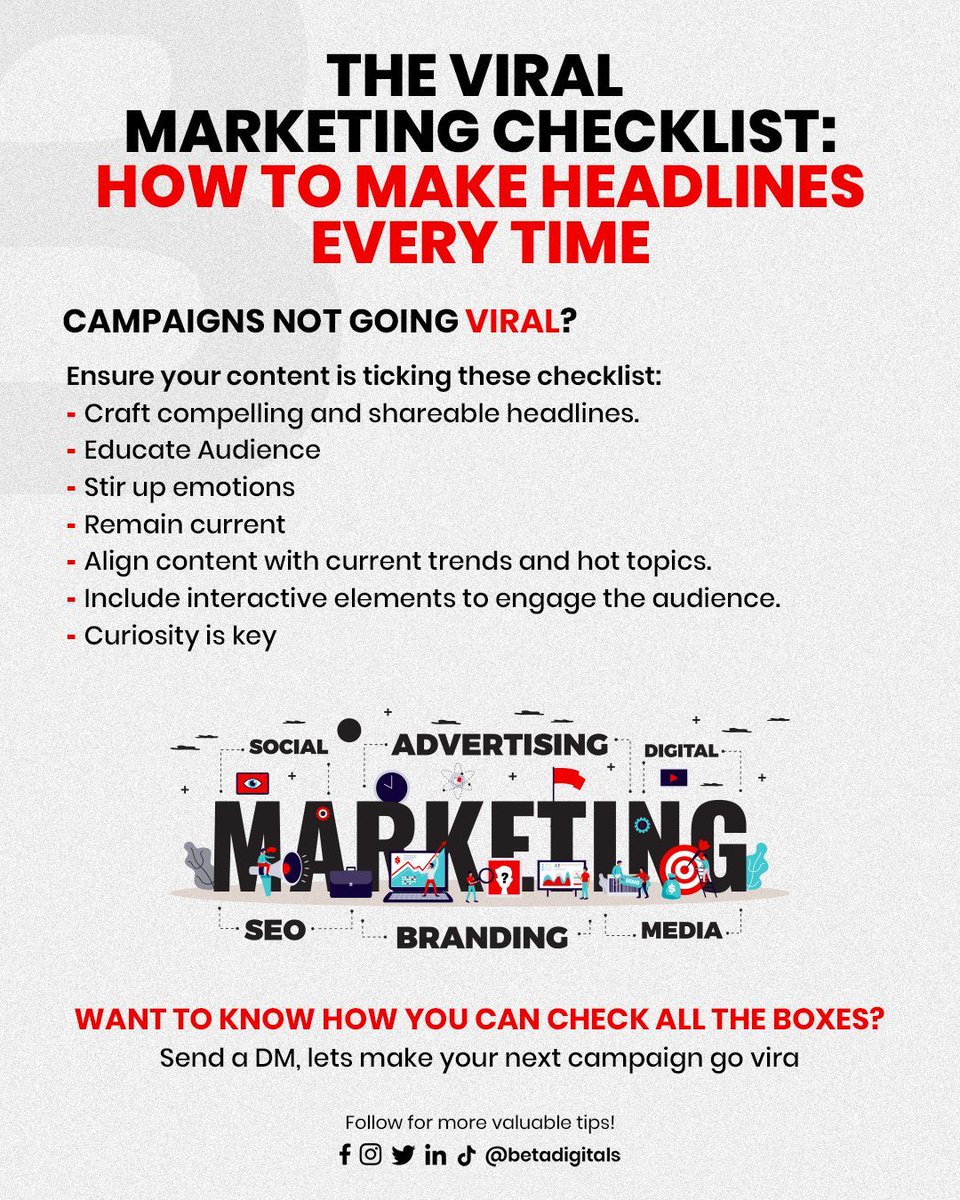 BetaDigitals's tweet photo. Struggling to make your campaigns go viral? Make sure you're hitting all the right notes with this checklist
Want help ticking all the boxes? Send us a message, and let’s create your next viral hit!

#betadigitals 
#abujanigeria 
#socialmediamarketingagency 
#viralmarketing https://t.co/jb1BqDypco
