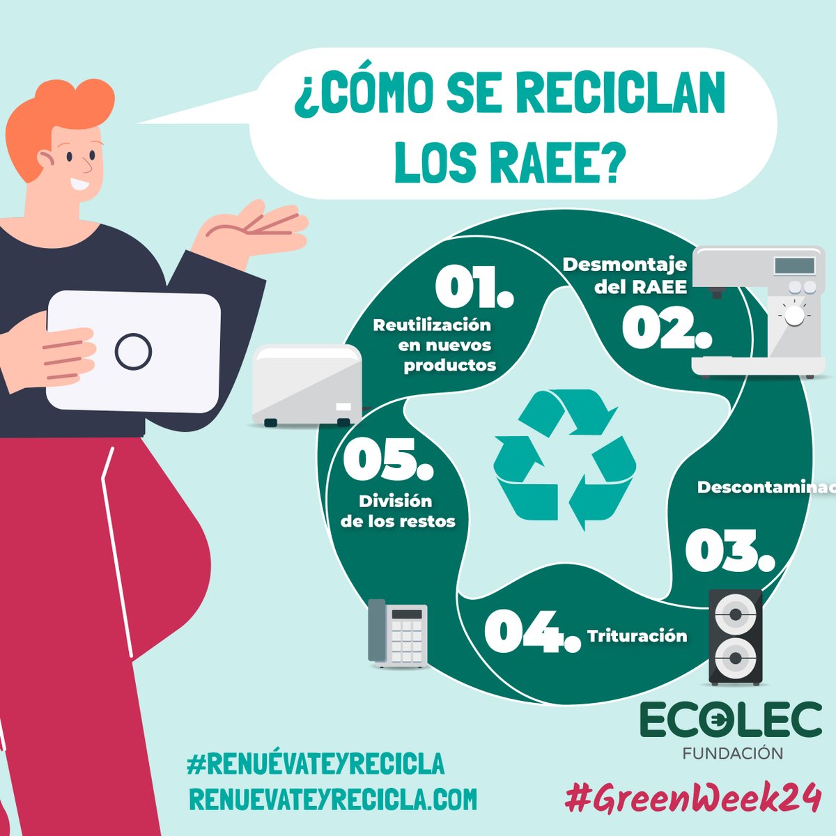 GreenEcolec's tweet photo. ♻️En el #IEWD te contamos cómo se reciclan los #RAEE y te animamos a participar en la #GreenWeek24 que esta semana sigue su ruta.📌¡Consulta las fechas y ubicaciones en nuestra web! 
https://t.co/muQPBYOOEW
#RenuévateyRecicla
#ewasteday #DíaInternacionalDeLosResiduosElectrónicos https://t.co/Td1x33DNZa