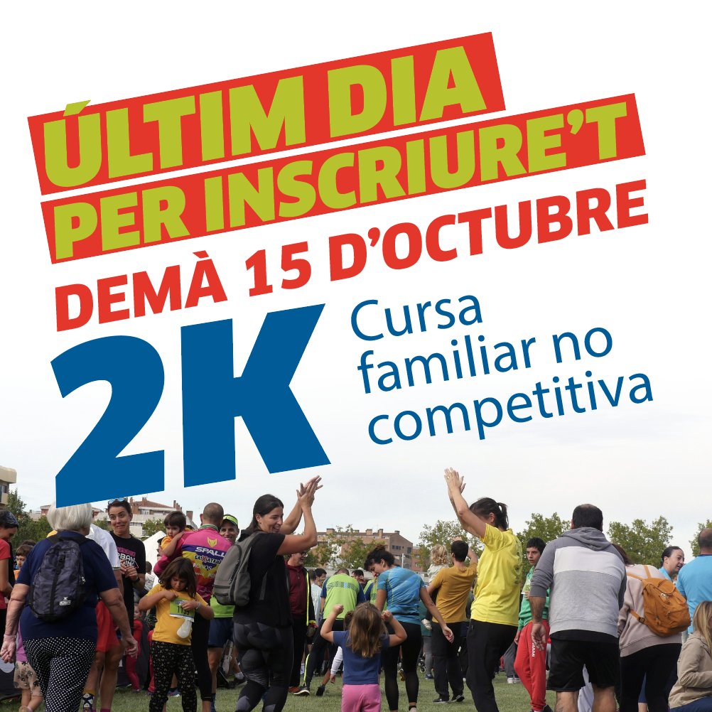 cursapopularigd's tweet photo. 🏃‍♀️✨ Última oportunitat! Demà és l'últim dia per inscriure't a la cursa de 2K de la Cursa Popular d'Igualada. Uneix-te a aquesta cursa familiar no competitiva aquest diumenge 20 d'octubre al Parc Central d'Igualada. 📅 Inscriu-te ja i gaudeix del dia!
➡️ https://t.co/gwyxrGAf2L https://t.co/hgoVZzHZdf