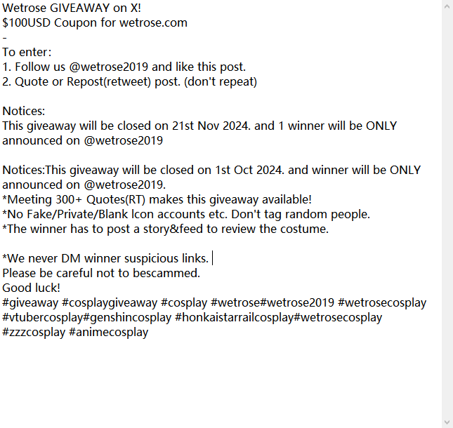 wetrose2019's tweet photo. Wetrose GIVEAWAY on X!
$100USD Coupon for https://t.co/W56gQLpqbN

To enter：
1. Follow us @wetrose2019 and like this post.
2. Quote or Repost(retweet) post. (don't repeat)
Notices:
This giveaway will be closed on 21st Nov 2024. and 1 winner will be ONLY announced on @wetrose2019 https://t.co/Xg9MowsFSL