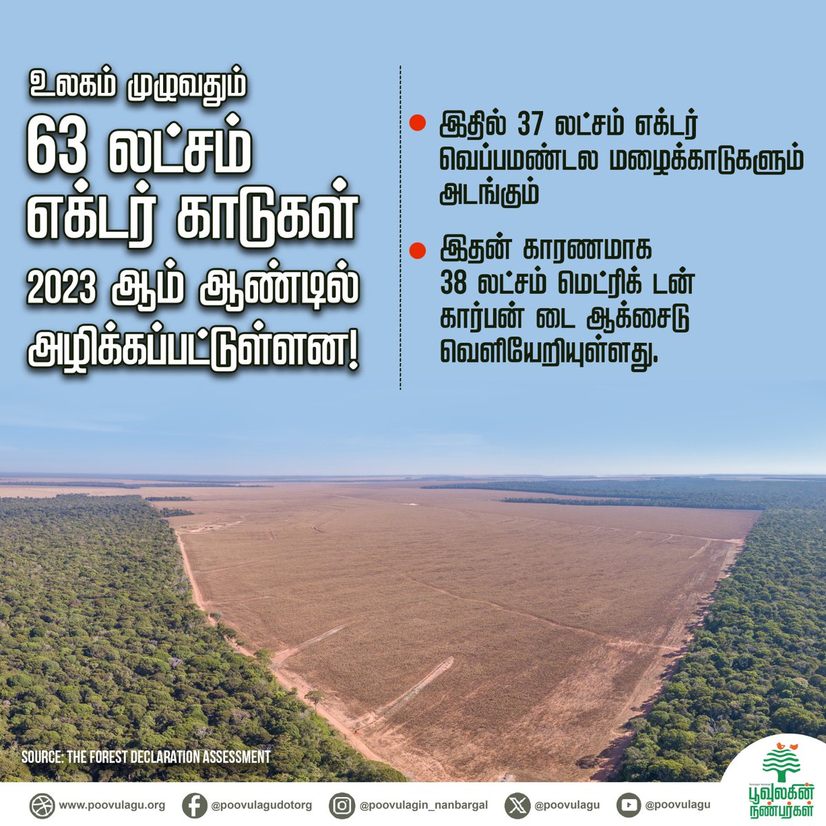 poovulagu's tweet photo. உலகம் முழுவதும் 63 லட்சம் எக்டர் காடுகள் 2023 ஆம் ஆண்டில் அழிக்கப்பட்டுள்ளன!

#deforestedforest #forest ##deforested #tropicalrainforest #saveforest #saveenvironment #environmentnews #poovulaginnanbargal https://t.co/T8u6oi0OLj