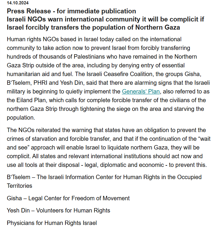 Israeliska MR-organisationer: Alla stater har ett ansvar att förhindra brotten tvångsförflyttning och framtvingad svält i #Gaza. Det ansvaret gäller även Sverige. Att fortsätta "vänta och se" gör världen medskyldig. <a href="/ErikLysen/">Erik Lysén</a> <a href="/MagnusWalan/">Magnus Walan</a>