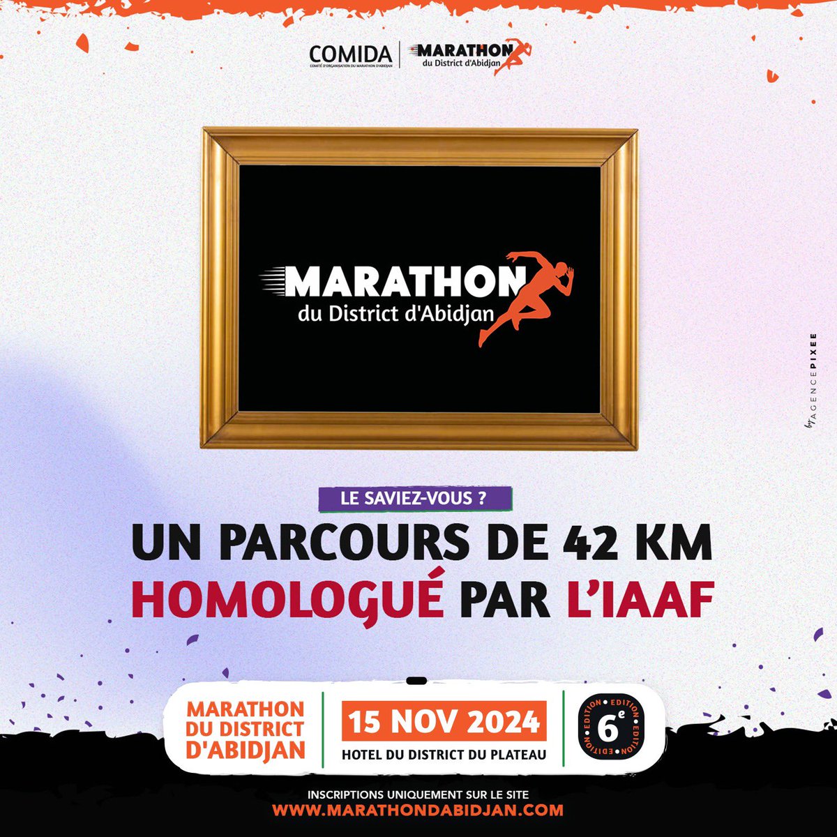 𝐔𝐧 𝟒𝟐 𝐊𝐦 𝐡𝐨𝐦𝐨𝐥𝐨𝐠𝐮é 𝐩𝐚𝐫 𝐋' 𝐈𝐀𝐀𝐅

Le Marathon du District d’Abidjan (  42 Km ) est homologué par l'International Association of Athletics Federation , qui est la fédération sportive internationale , chargée de régir les fédérations à l’internationale.