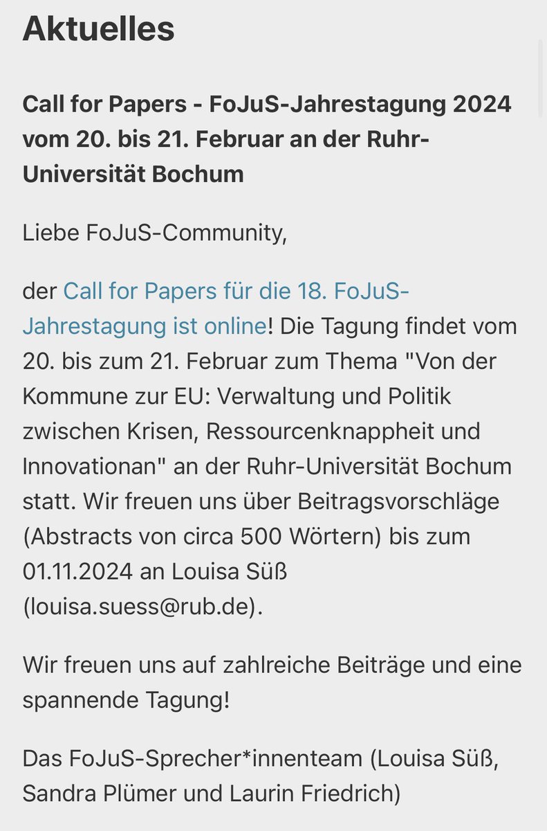 Jetzt bewerben für die nächste FoJuS-Jahrestagung vom 20.-21. Februar in Bochum! 

Der CfP ist auf der Homepage zu finden: 
dvpw.de/gliederung/sek…